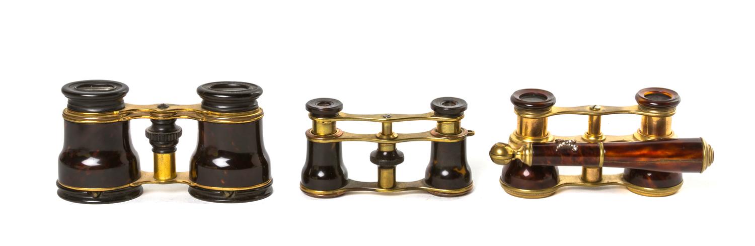 Three Pairs of Continental Tortoise Shell Veneered Opera Glasses, Width of first 3 5/8 inches.
