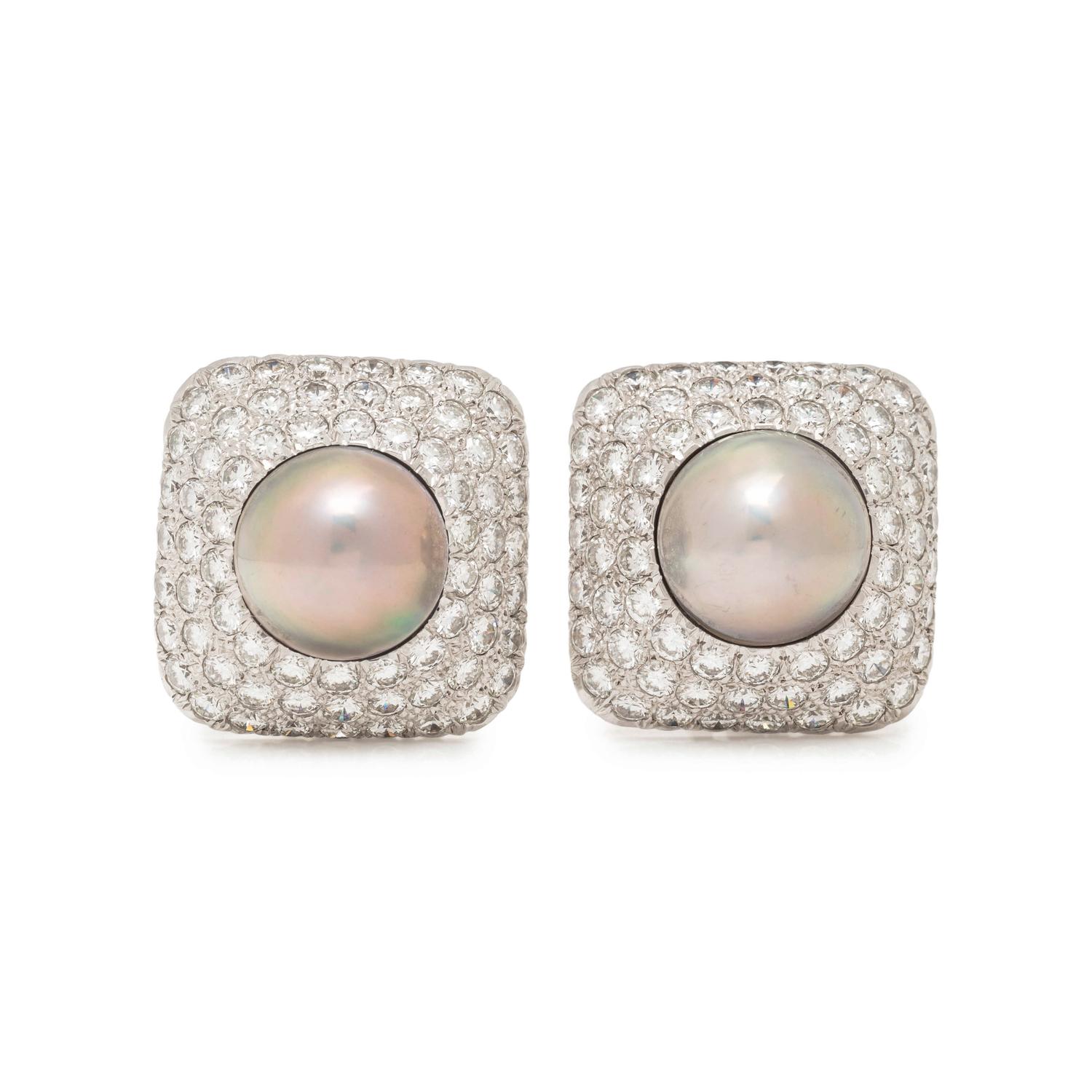 DIAMOND AND CULTURED MABE PEARL EARCLIPS