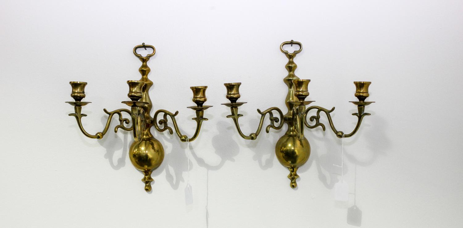 A Pair of Dutch Baroque Style Three-Light Brass Sconces Height 12 1/2 inches. — 19TH/20TH CENTURY