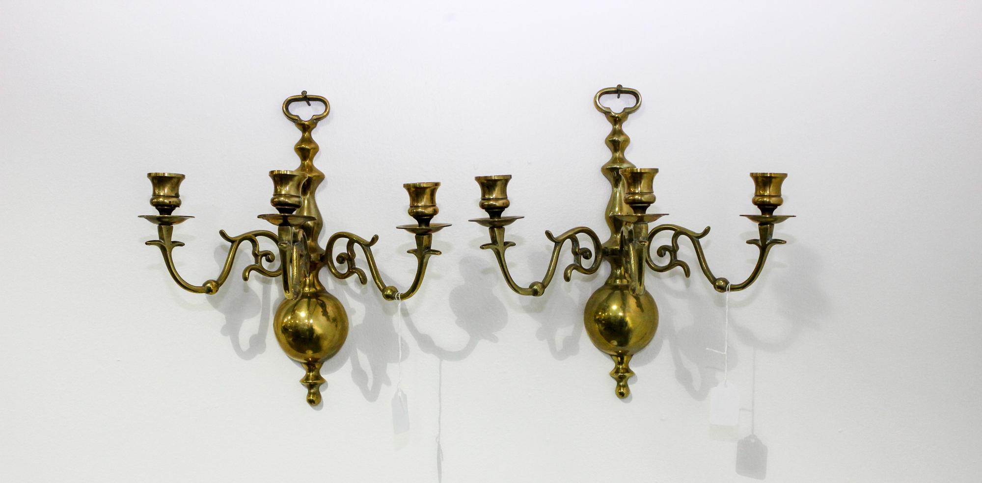 A Pair of Dutch Baroque Style Three-Light Brass Sconces Height 12 1/2 inches. — 19TH/20TH CENTURY