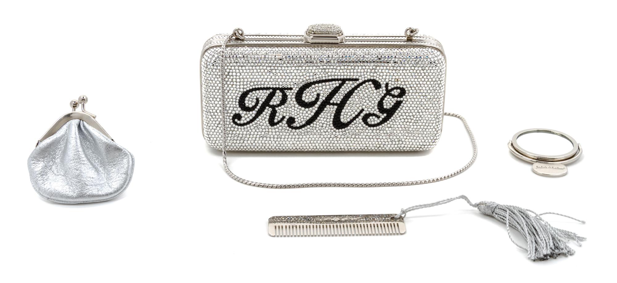 A Judith Leiber Swarovski Crystal Monogrammed "RHG" Minaudiere, 6 x 3 x 1 1/2 inches.