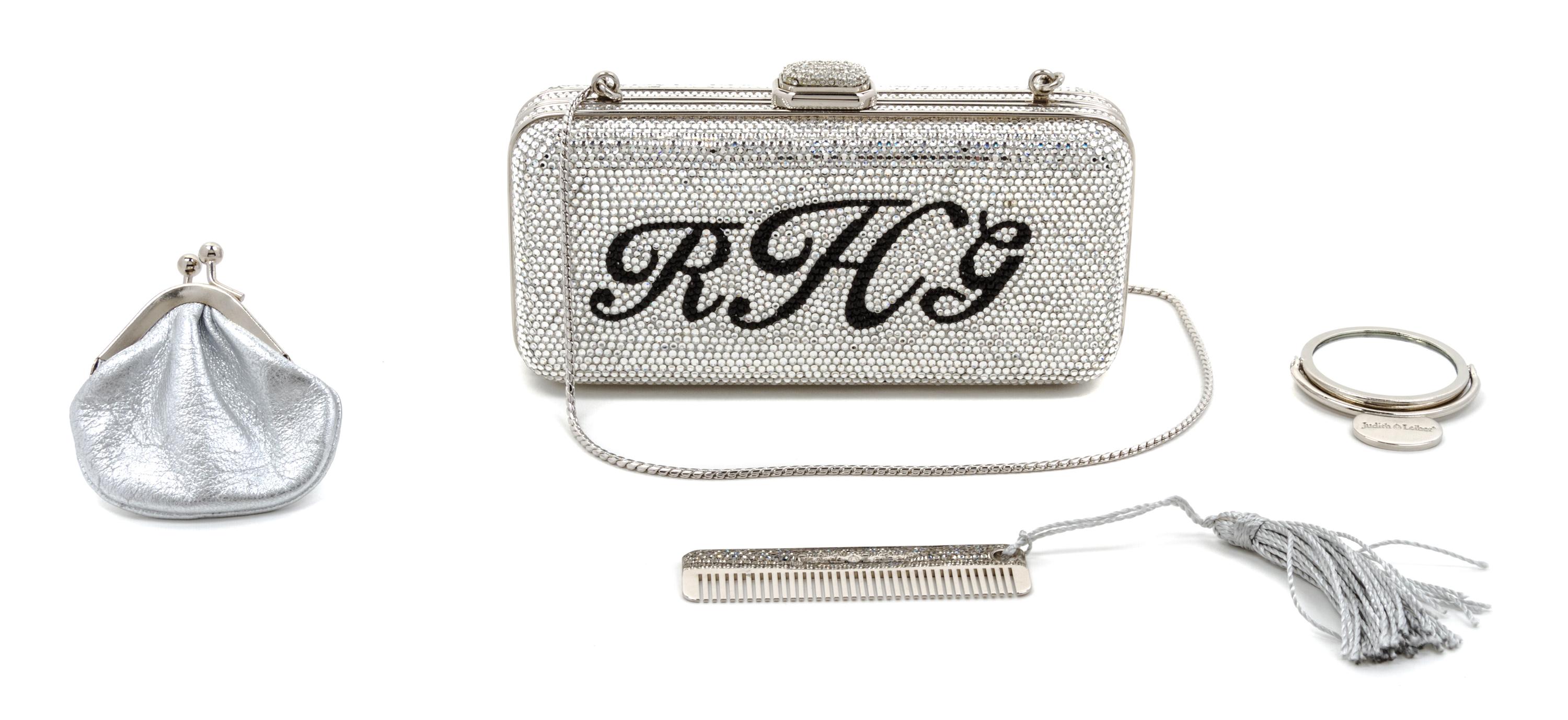 A Judith Leiber Swarovski Crystal Monogrammed "RHG" Minaudiere, 6 x 3 x 1 1/2 inches.