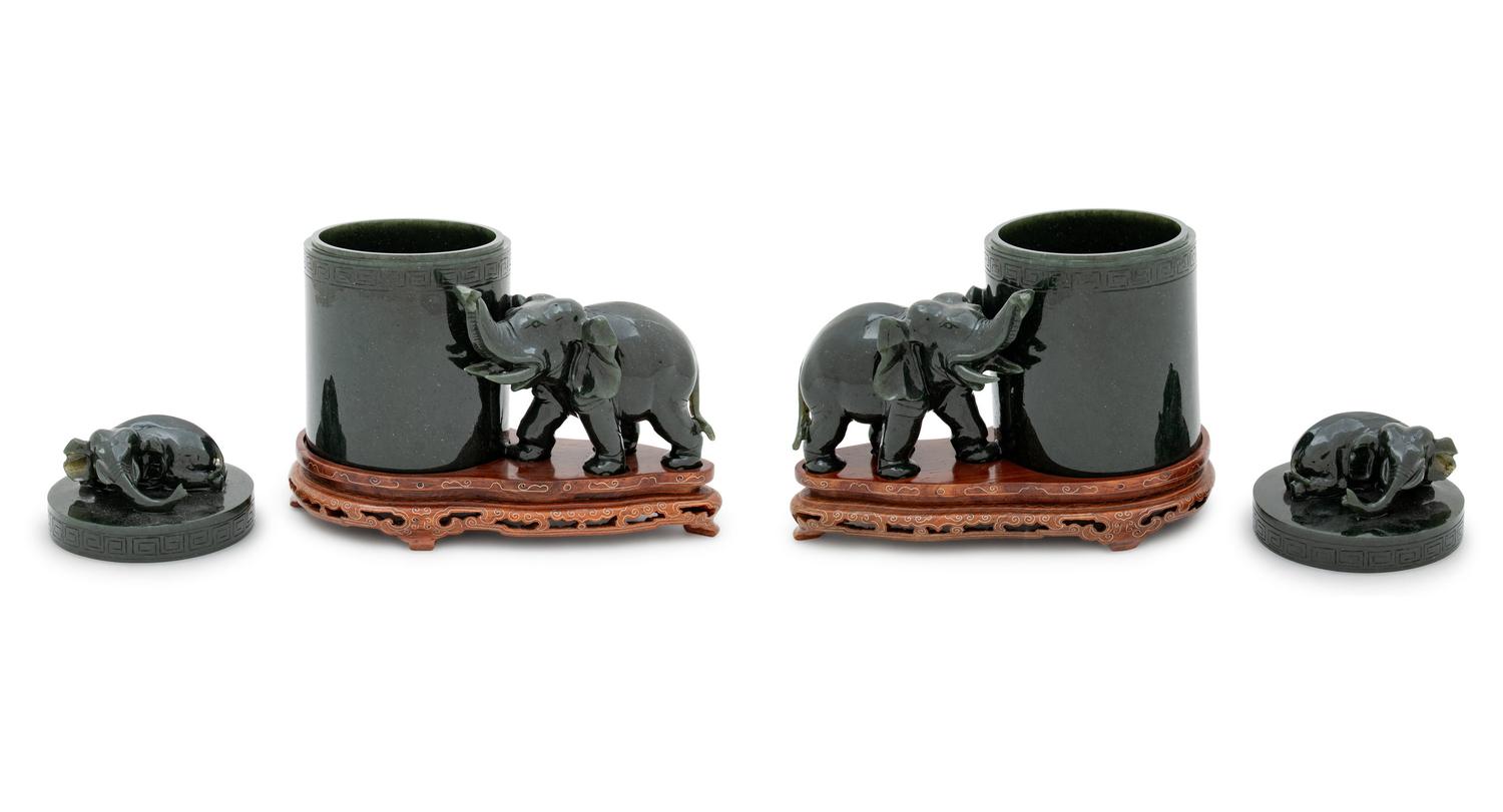 A Pair of Chinese Dark Green Hardstone Boxes and Covers