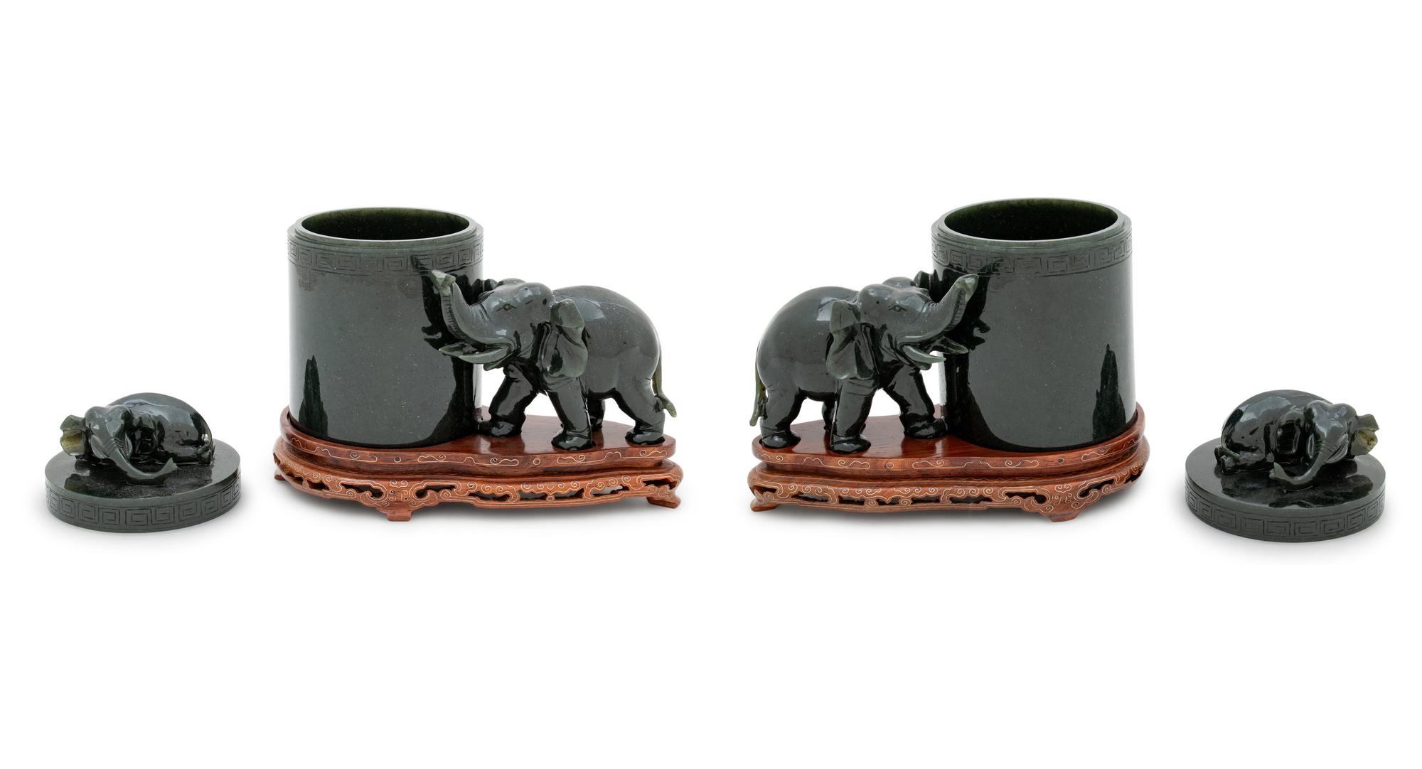 A Pair of Chinese Dark Green Hardstone Boxes and Covers