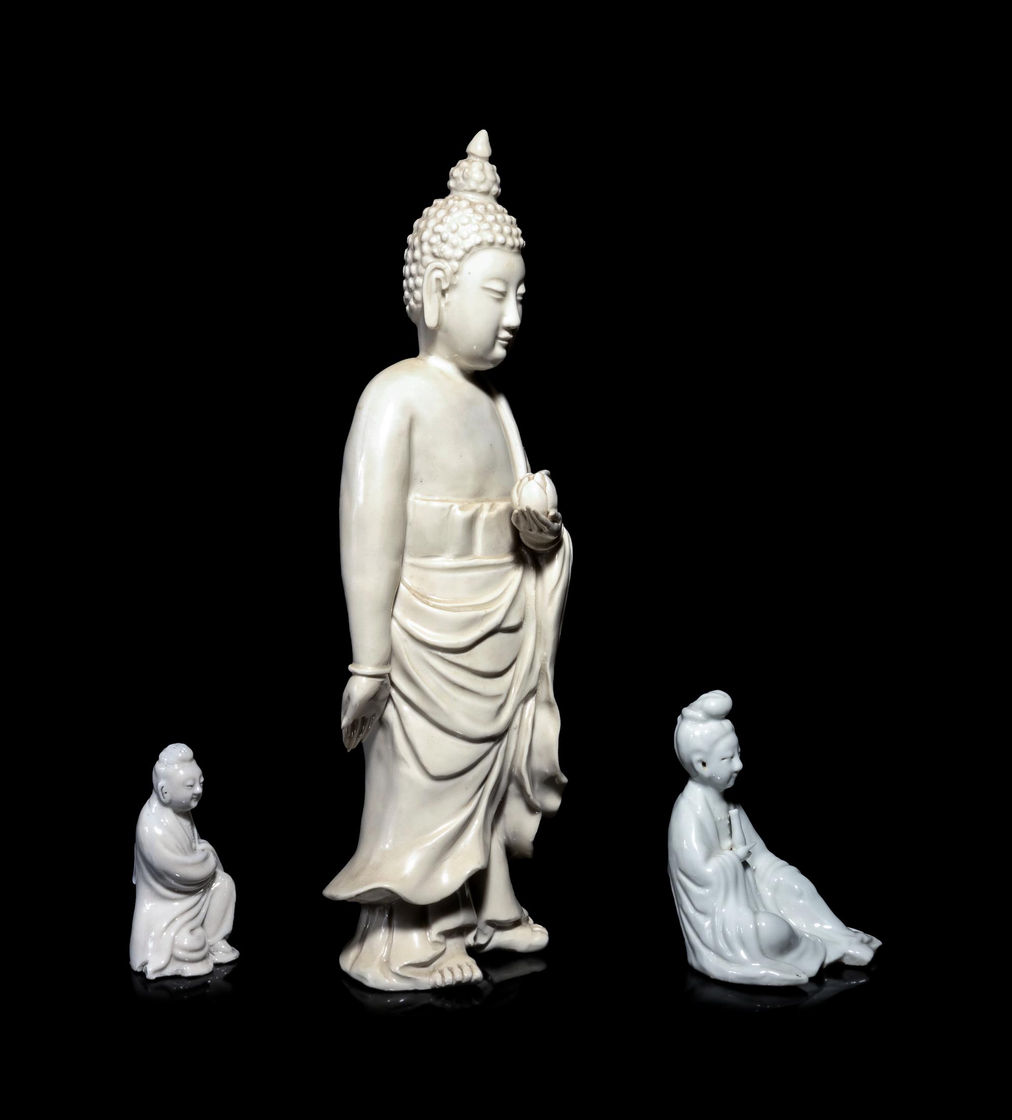 Three Chinese Blanc-de-Chine 'Dehua' Glazed Porcelain Figures