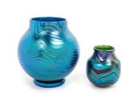 Orient & Flume, CHICO, CA, a group of two iridescent glass vases