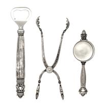 A Danish Silver Three-Piece Bar Set, Georg Jensen, Copenhagen, Acorn pattern, comprising a pair of tongs, a jigger and a bottle opener