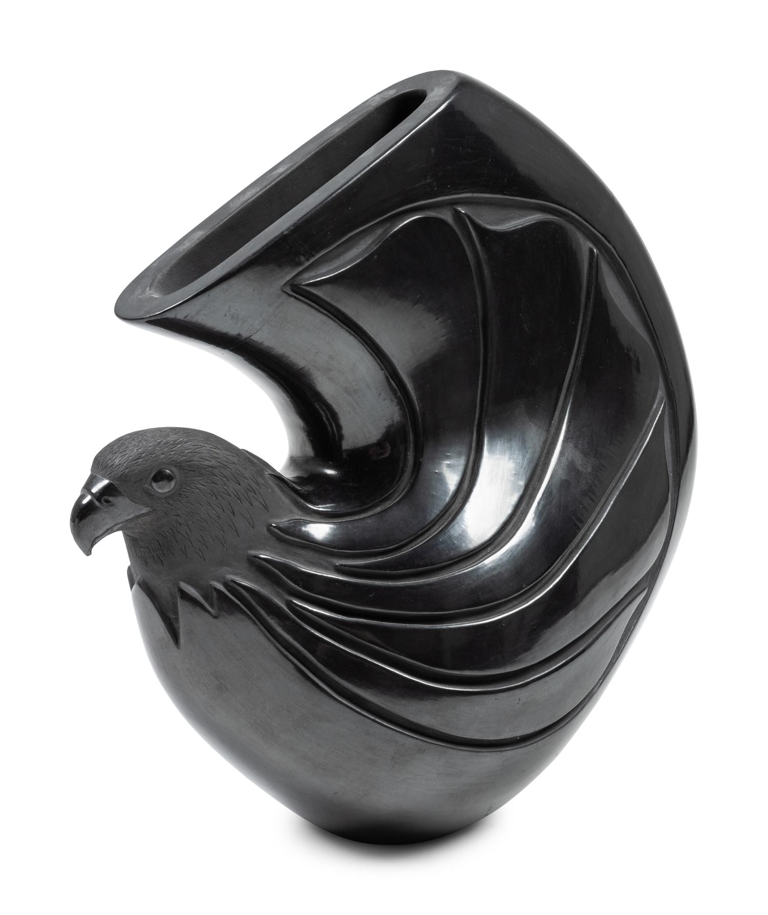 Eagle-Shaped Carved Blackware Pottery Jar, with Gun Metal Finish