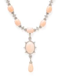 WHITE GOLD, CORAL, AND DIAMOND NECKLACE