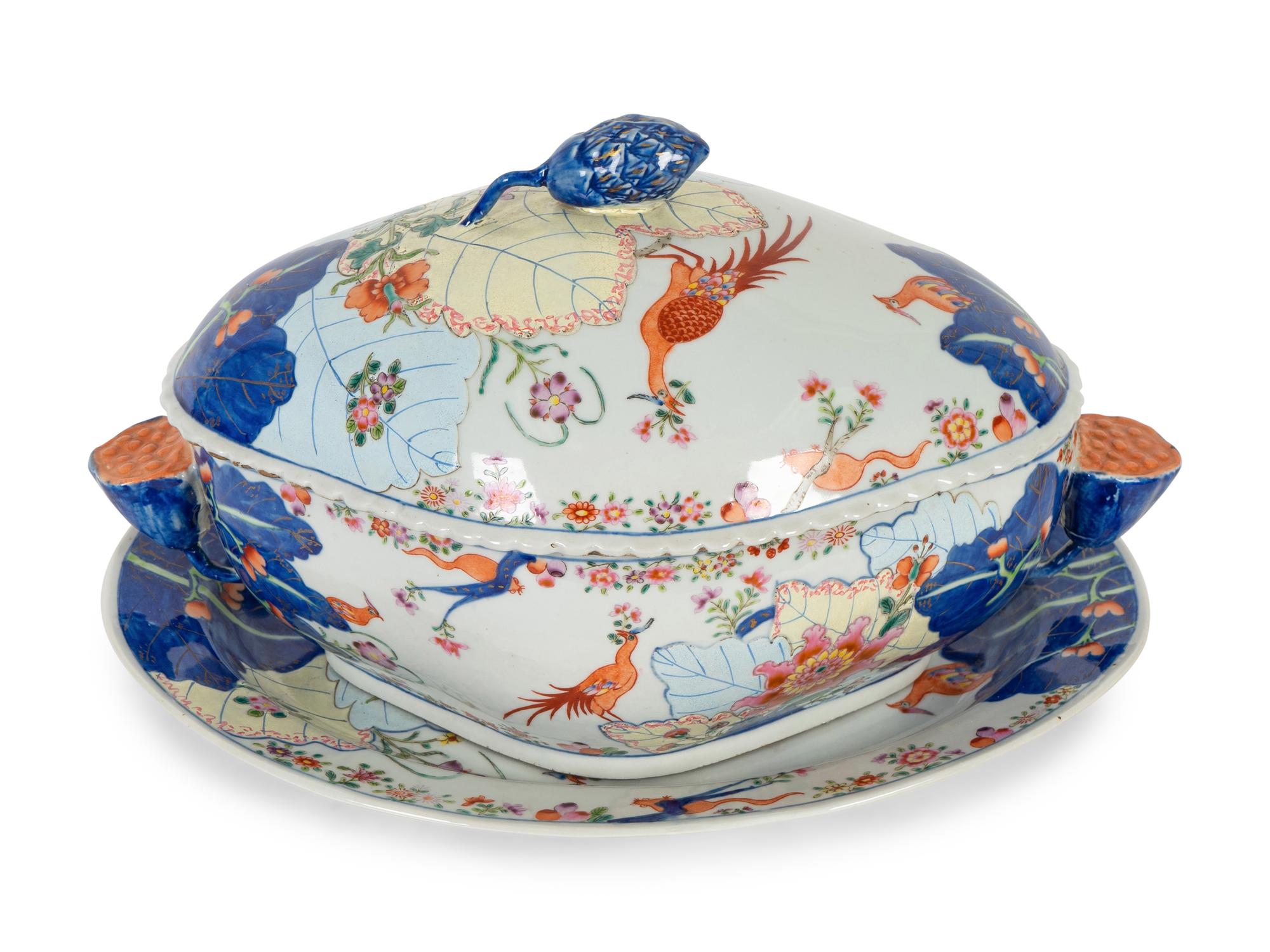 A Chinese Export Porcelain "Tobacco Leaf" Tureen and Tray — CIRCA 1900