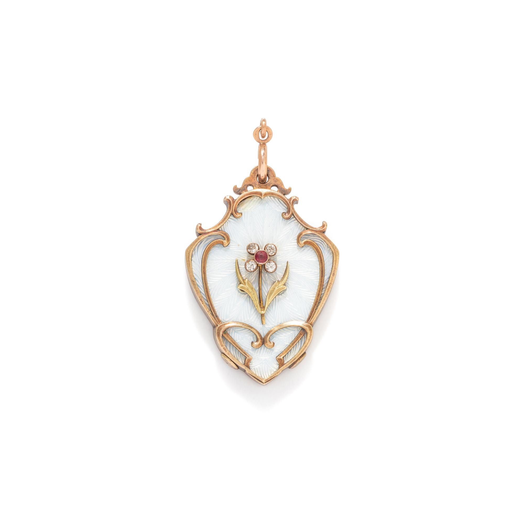 RUSSIAN, BICOLOR GOLD, DIAMOND, RUBY AND ENAMEL LOCKET