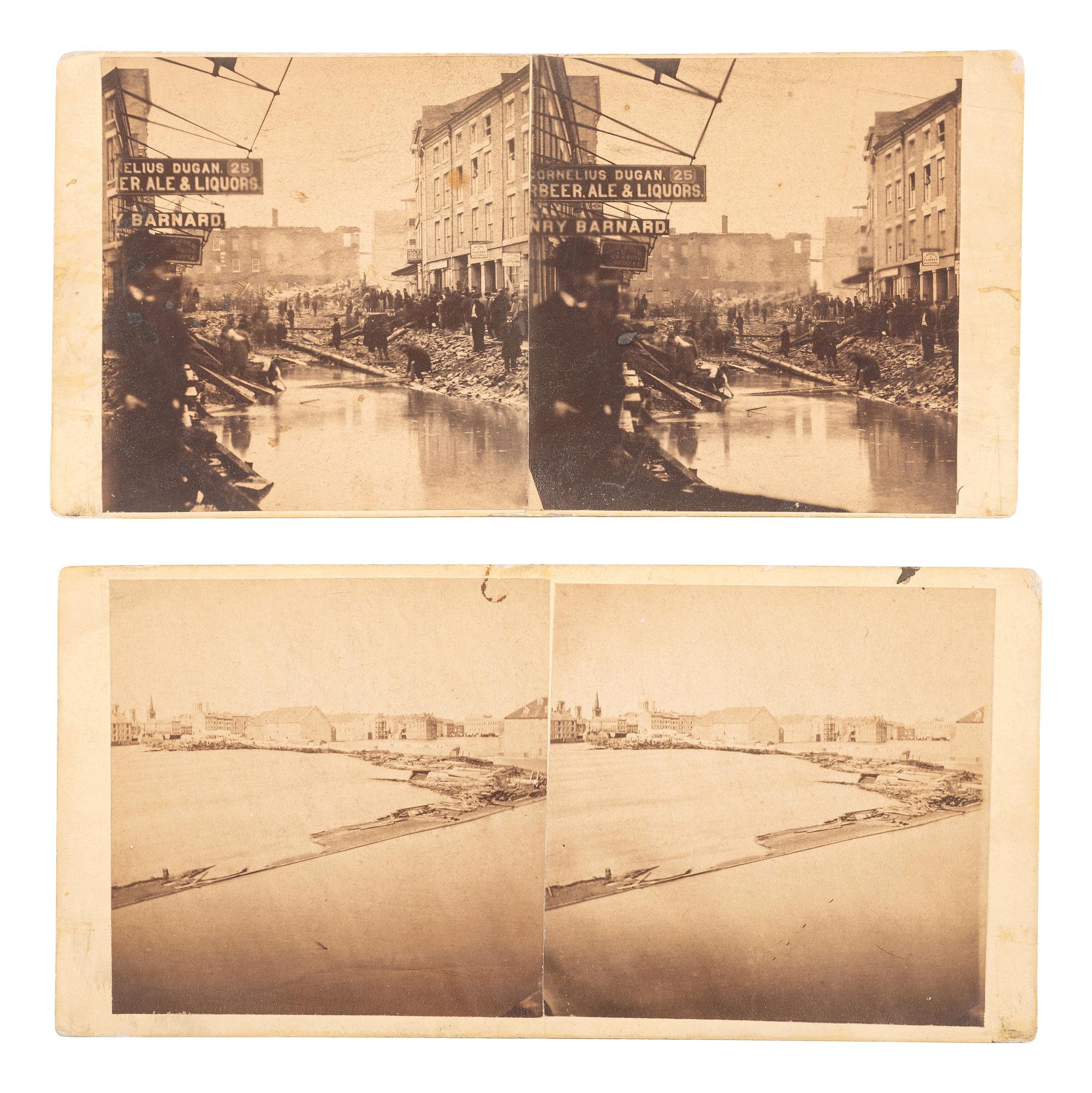 [EARLY PHOTOGRAPHY - STEREOVIEWS]. [KEMPE & GATES, photographers]. A group of 7 stereoviews documenting the effects of the 1865 flood in Rochester, NY in real time. [Rochester]: [ca 1865].
