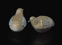 A pair of enameled silver "Quail" boxes 銀地琺瑯鵪鶉盒一對