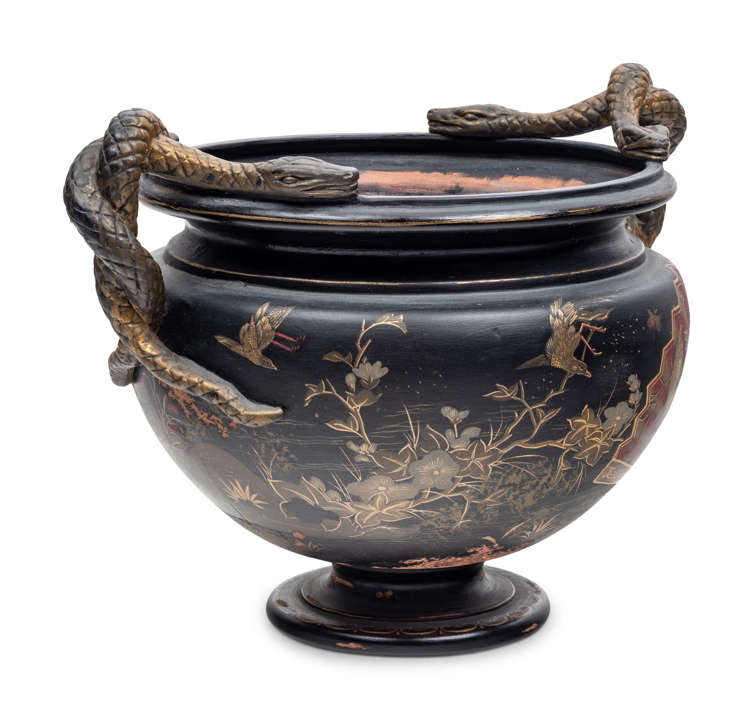 A Bronzed Terra Cotta Jardinière with Japanned Decoration