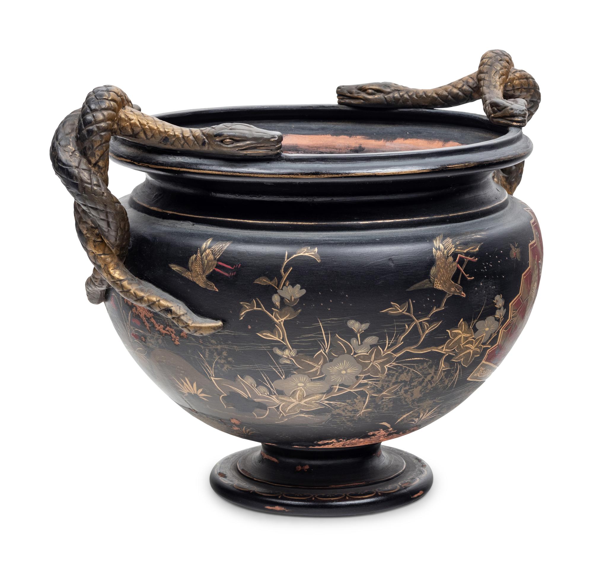 A Bronzed Terra Cotta Jardinière with Japanned Decoration