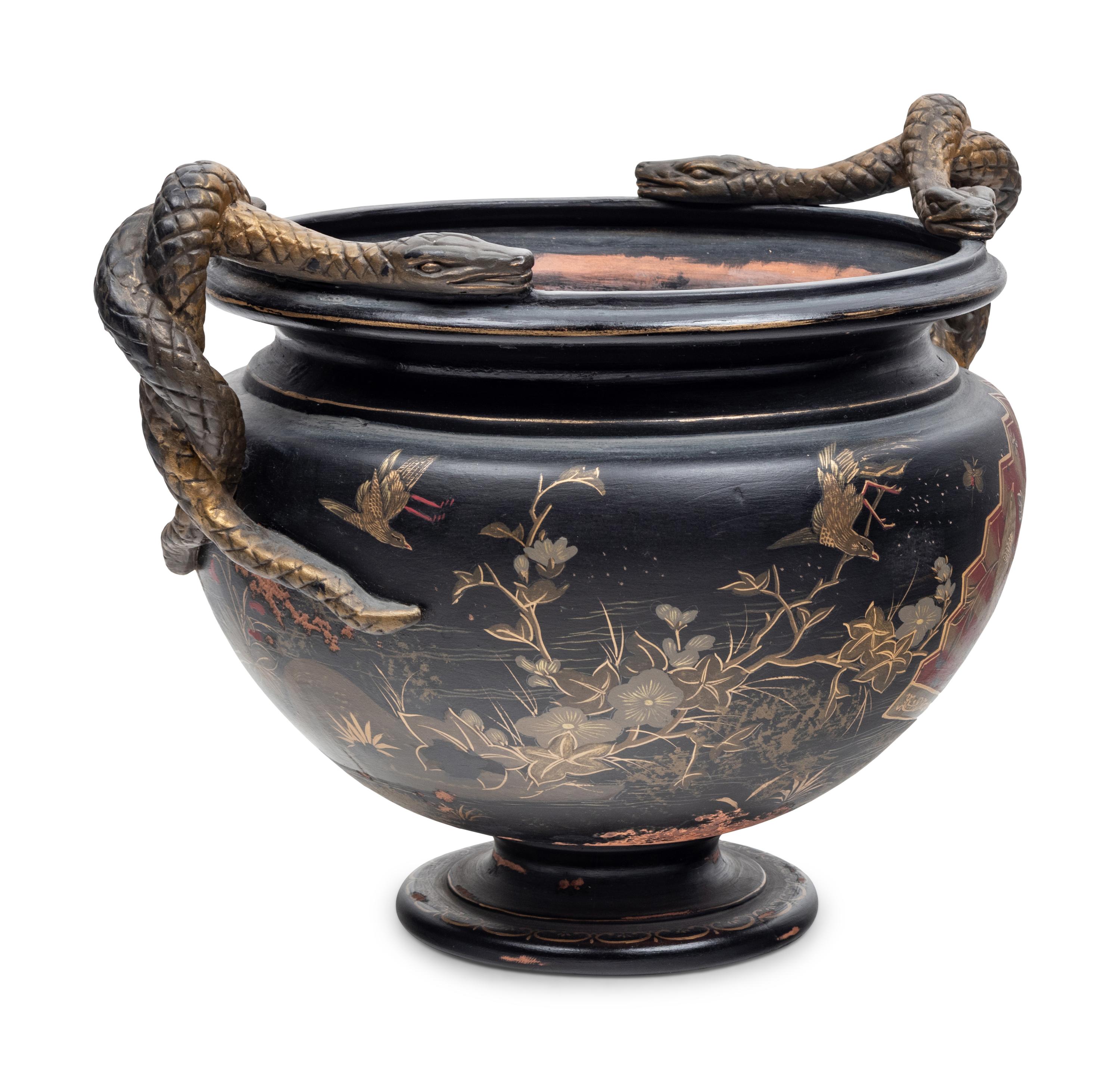 A Bronzed Terra Cotta Jardinière with Japanned Decoration