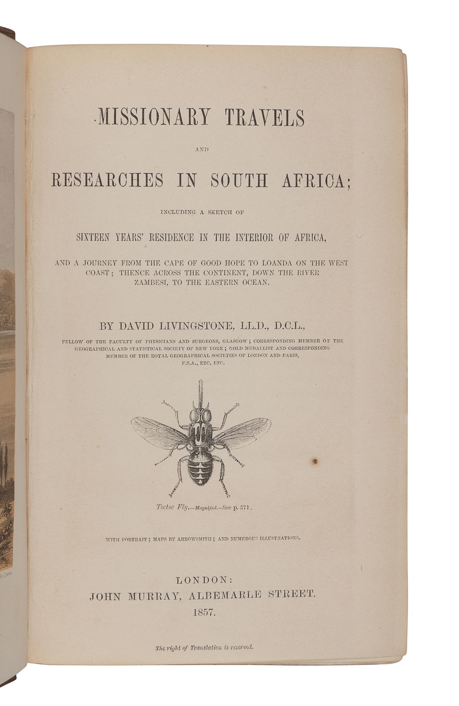 LIVINGSTONE, David (1813-1873). Missionary Travels and Researches in South Africa . London: John Murray, 1857.