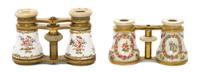 Two Pairs of Continental Enameled Opera Glasses, Width of first 4 1/8 inches.