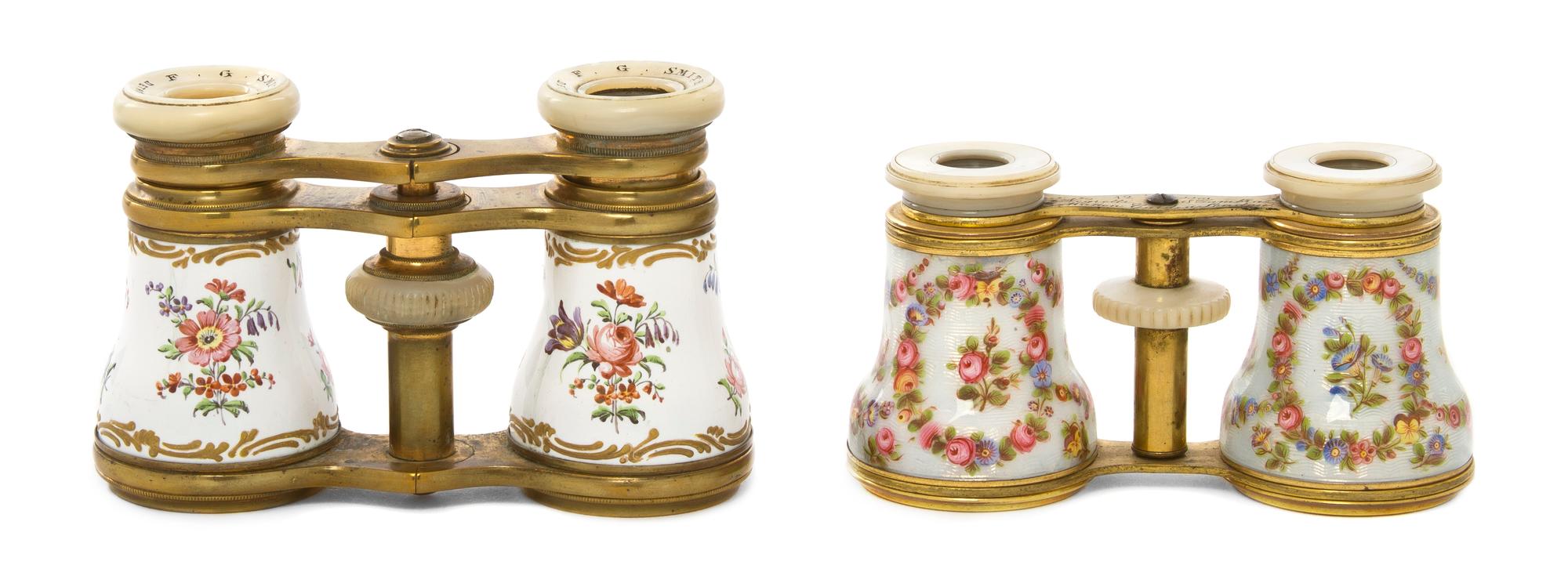 Two Pairs of Continental Enameled Opera Glasses, Width of first 4 1/8 inches.