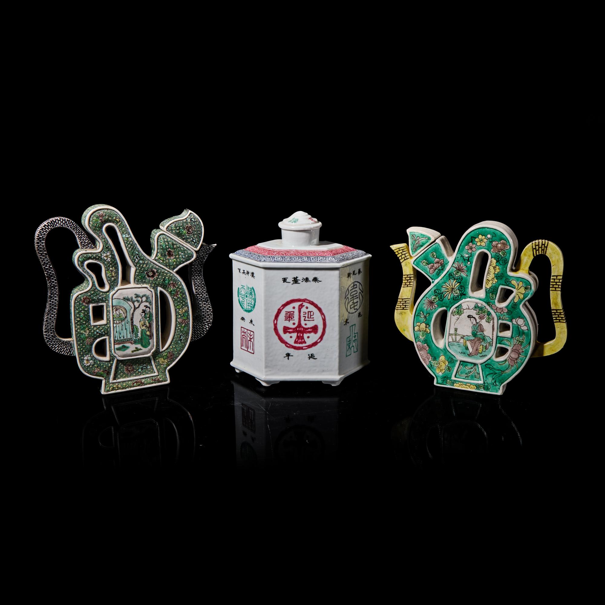 Two Chinese Famille Verte Porcelain "Puzzle" Teapots and An Enameled Porcelain Hexagonal Tea Caddy, Late 19th-Early 20th Century 晚清-民國 素三彩茶壺二及粉彩六方帶蓋茶葉罐一