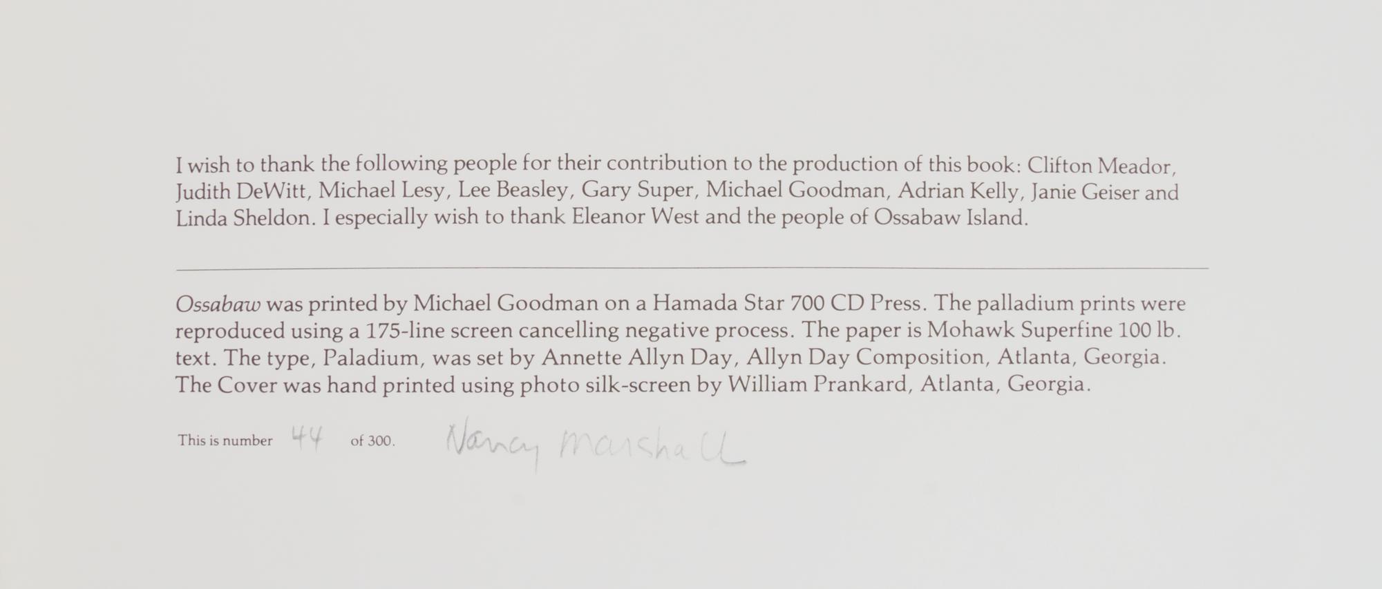 MARSHALL, NANCY. Ossabaw. Atlanta, 1982. Limited, signed.