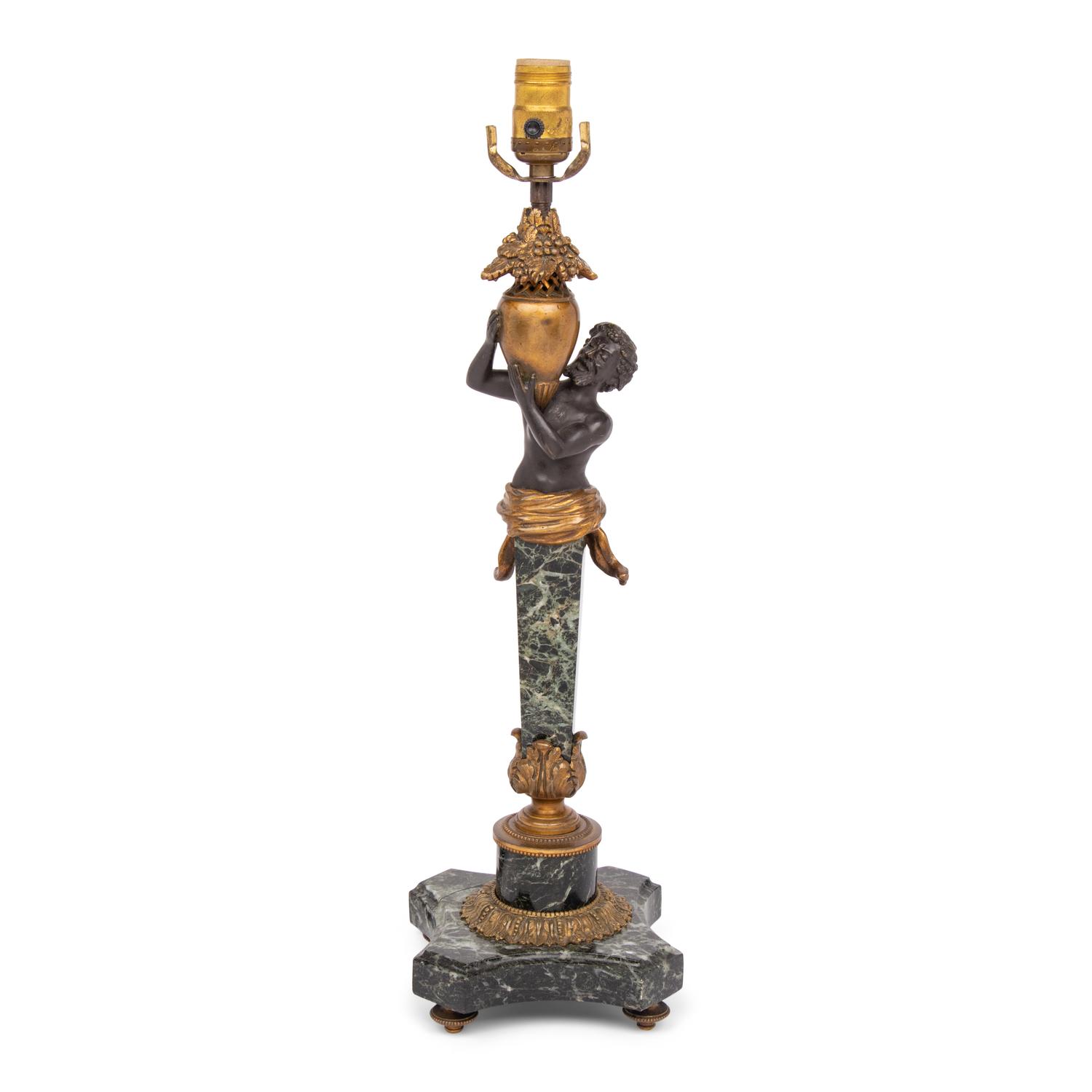 A Continental Gilt and Patinated Bronze and Marble Table Lamp