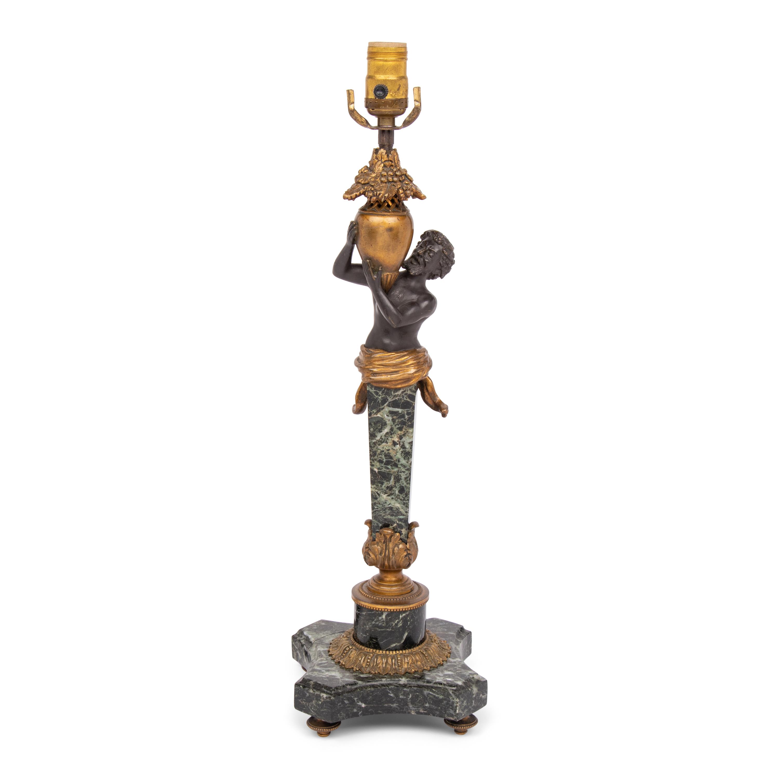 A Continental Gilt and Patinated Bronze and Marble Table Lamp