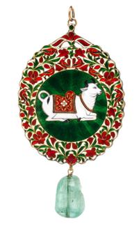 A Yellow Gold, Emerald, Diamond and Polychrome Enamel Reversible Pendant, East Indian, 30.30 dwts.