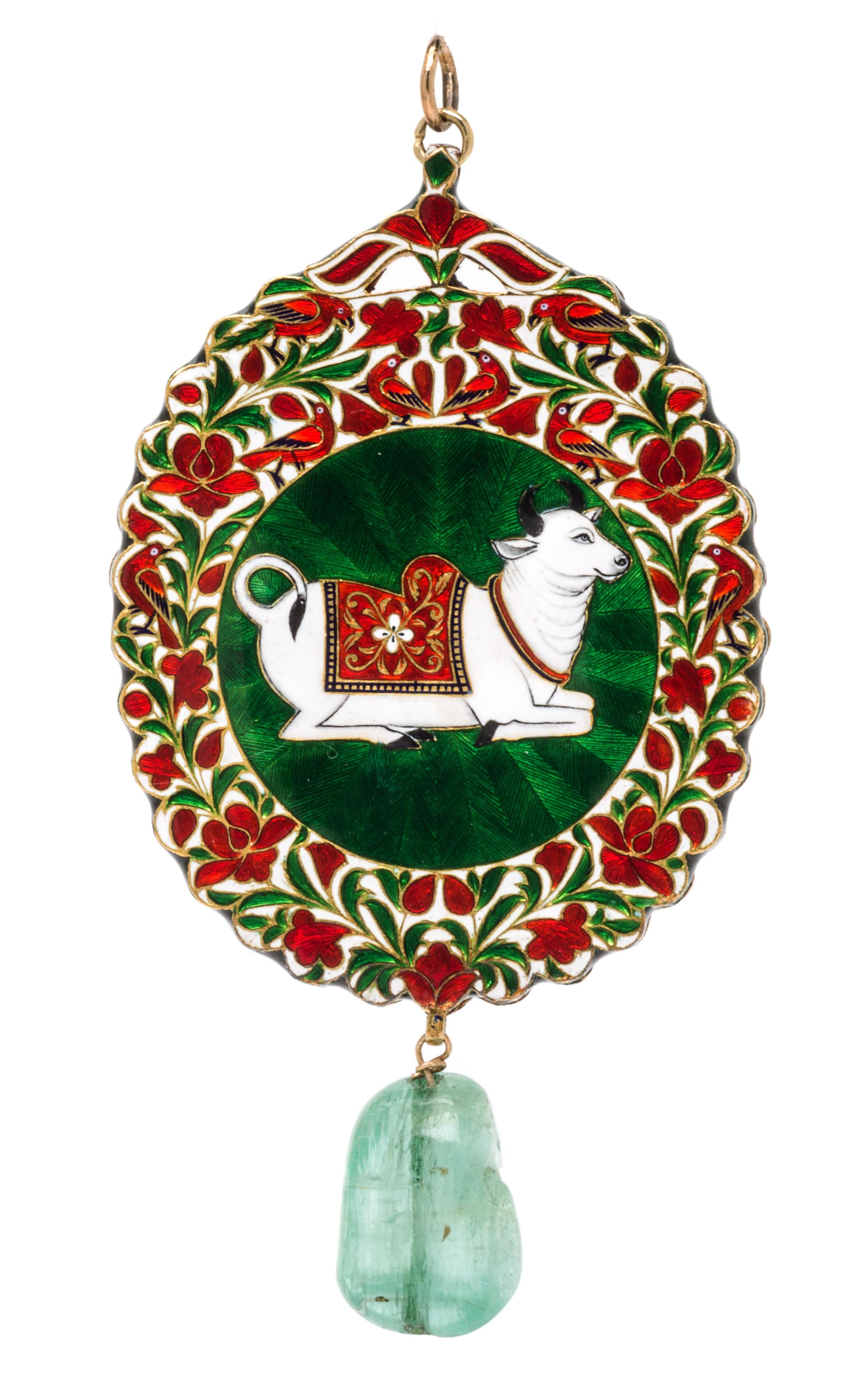 A Yellow Gold, Emerald, Diamond and Polychrome Enamel Reversible Pendant, East Indian, 30.30 dwts.