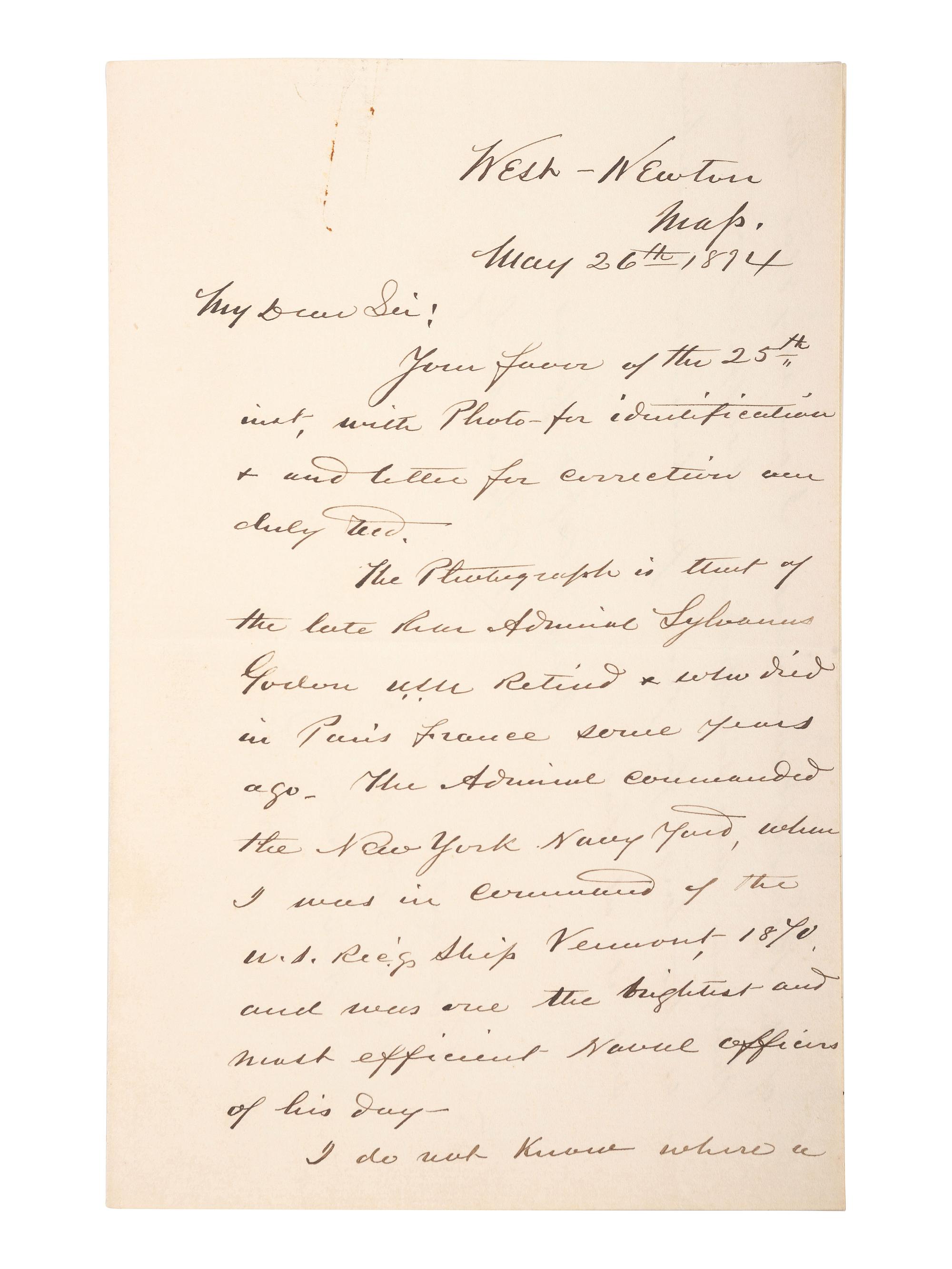 [CIVIL WAR - NAVY]. A group of 9 documents related to Robert Coster and his efforts to confirm the identity of the man who lashed Rear Admiral David G. Farragut to the rigging of the Hartford at the Battle of Mobile Bay.