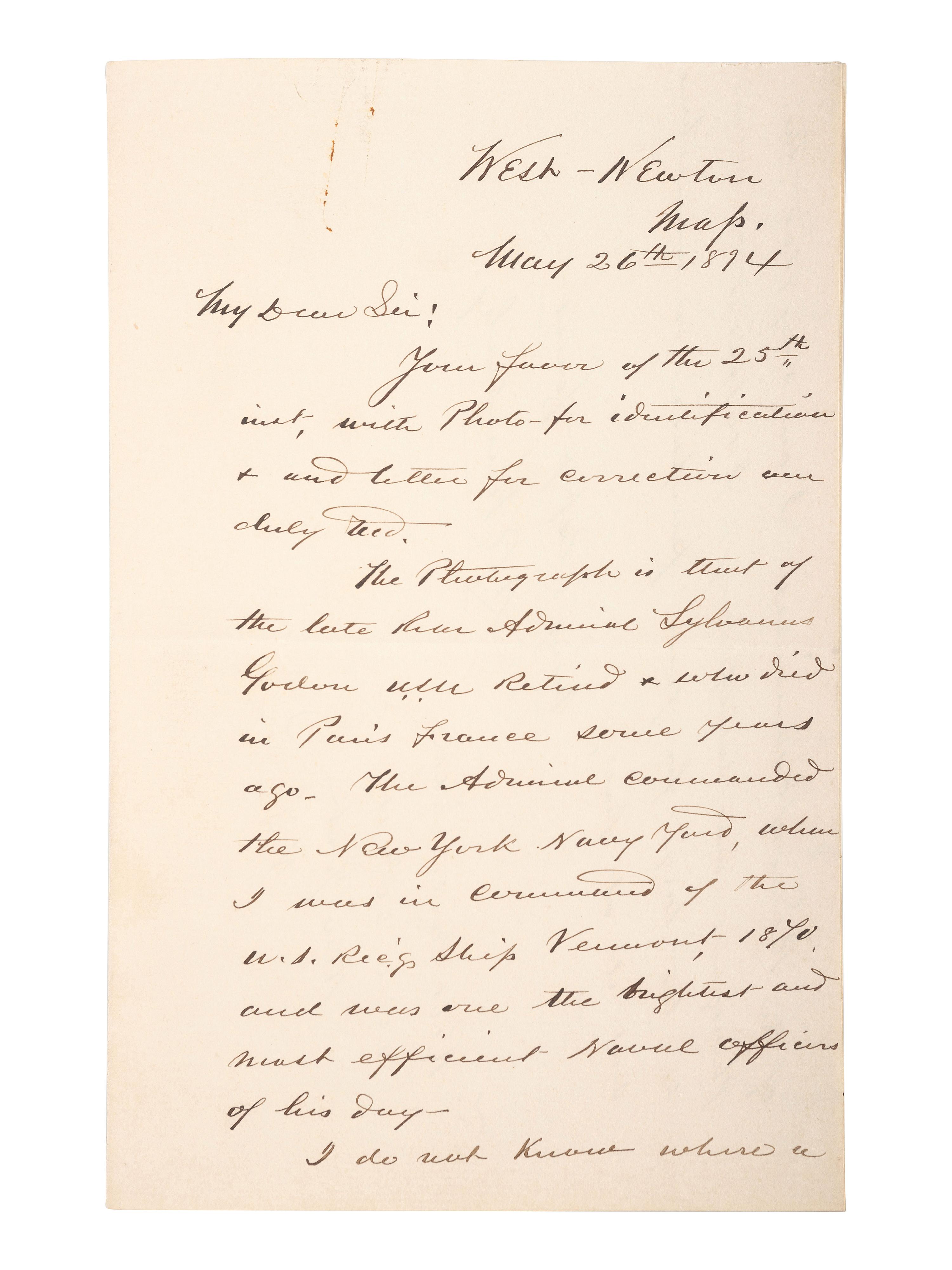[CIVIL WAR - NAVY]. A group of 9 documents related to Robert Coster and his efforts to confirm the identity of the man who lashed Rear Admiral David G. Farragut to the rigging of the Hartford at the Battle of Mobile Bay.