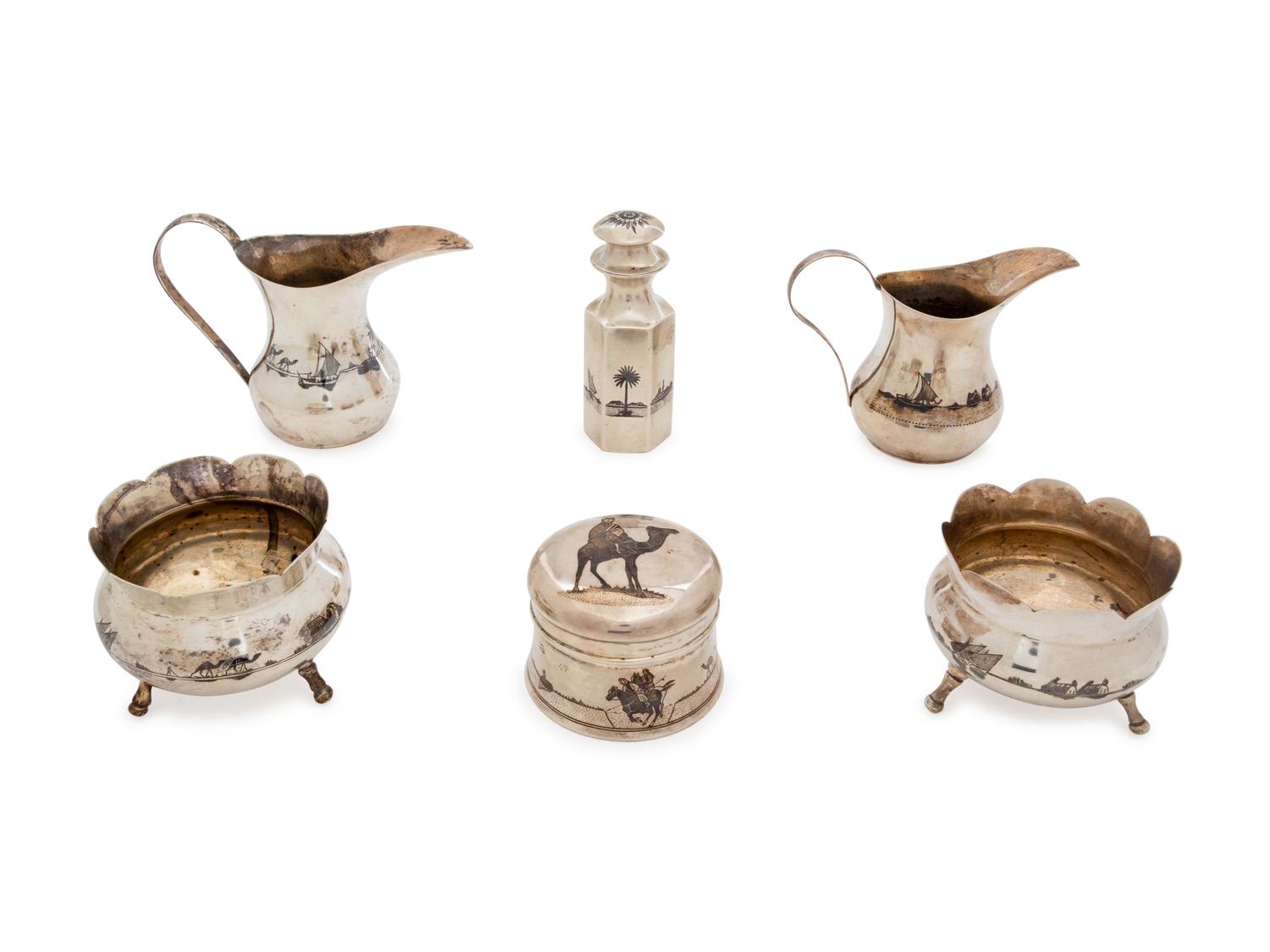 Six Niello Decorated Silver Articles