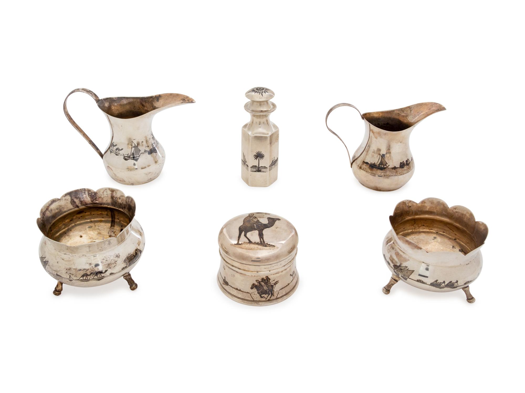 Six Niello Decorated Silver Articles