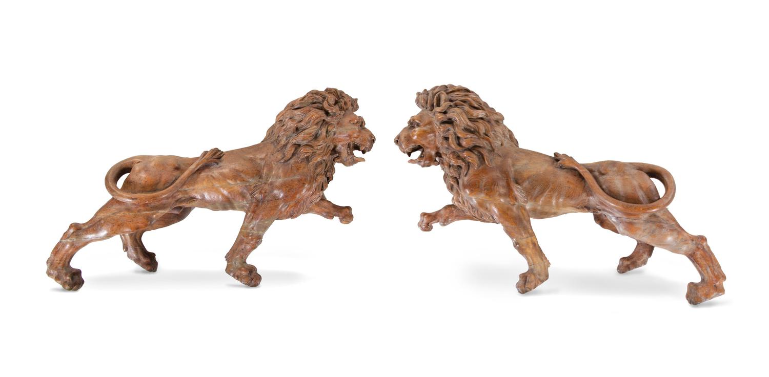 A Pair of English Limed Oak Models of Lions