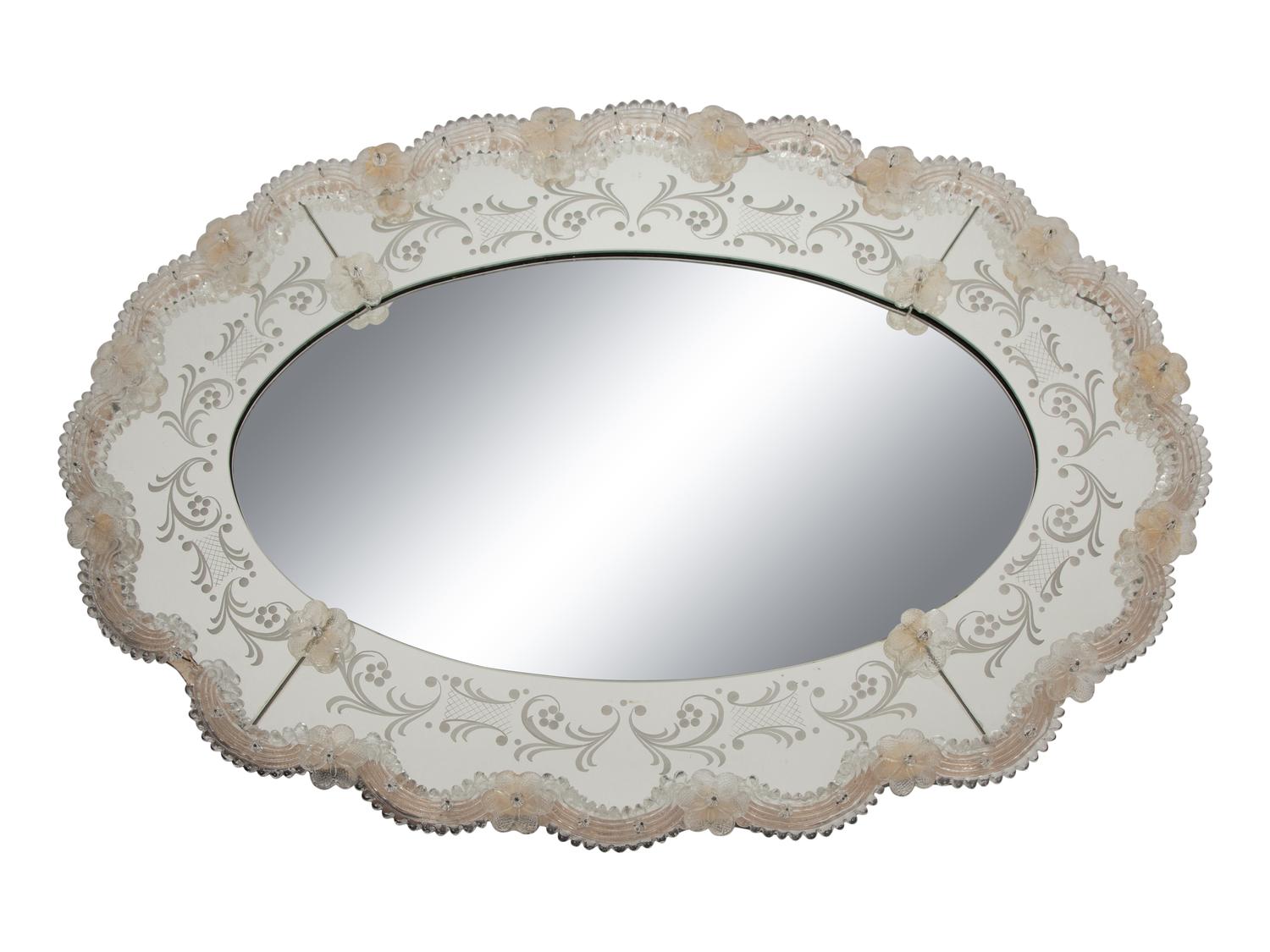 A Venetian Etched Glass Oval Mirror with Floral Accents
