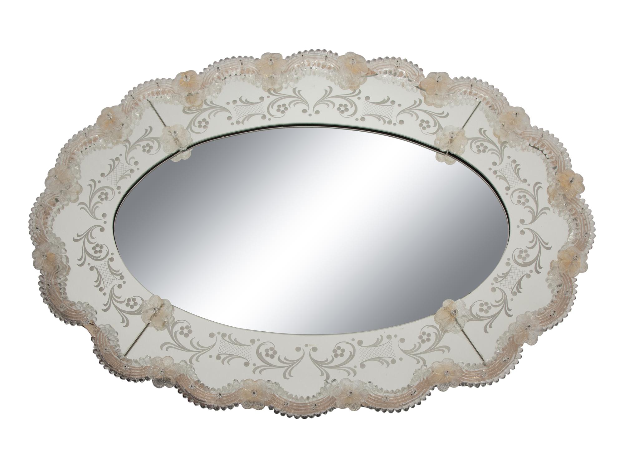 A Venetian Etched Glass Oval Mirror with Floral Accents