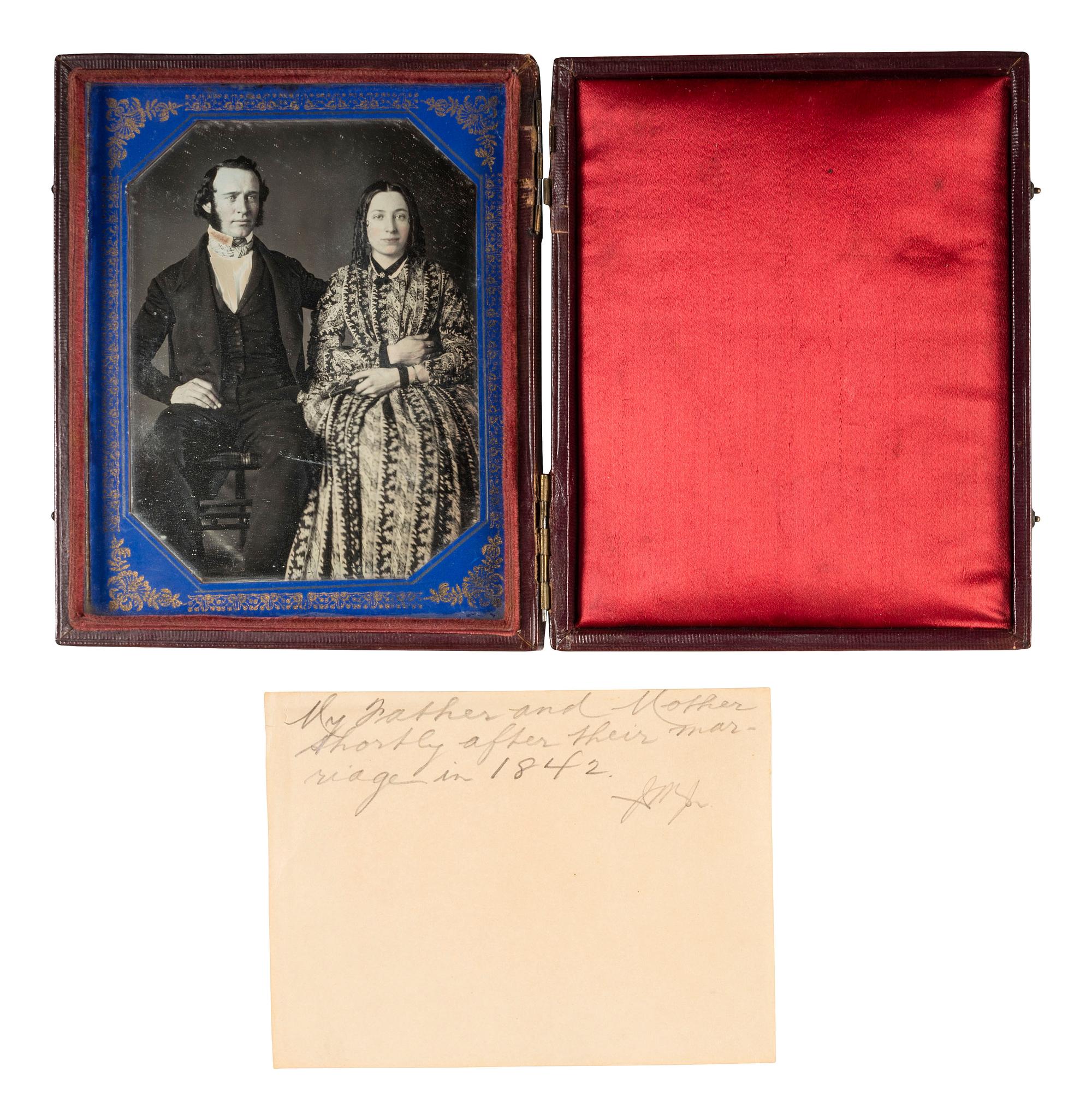 [EARLY PHOTOGRAPHY]. Half plate daguerreotype of a newly married couple. 1842.
