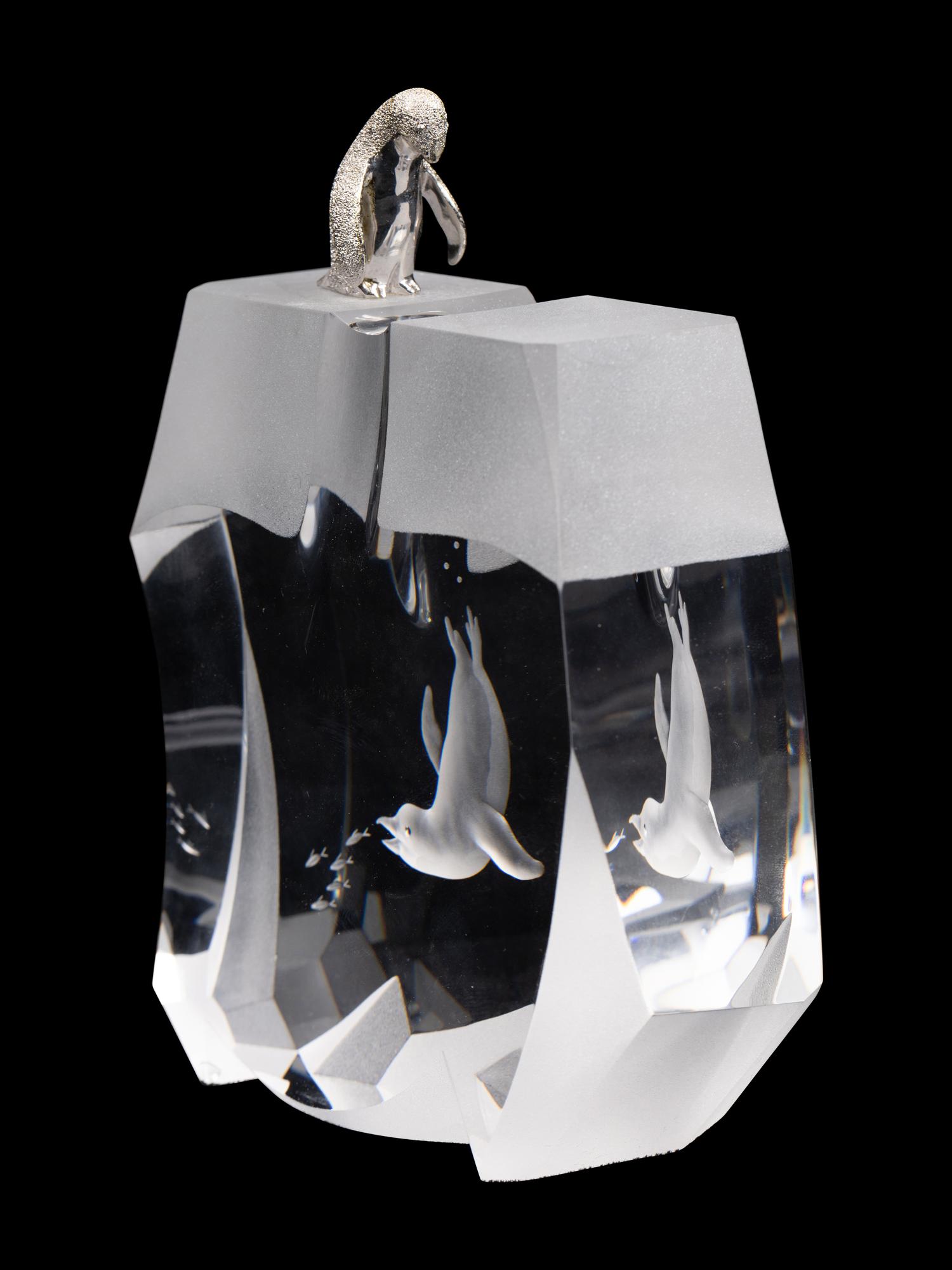 A Steuben Glass and Silver Ice Hunter Sculpture