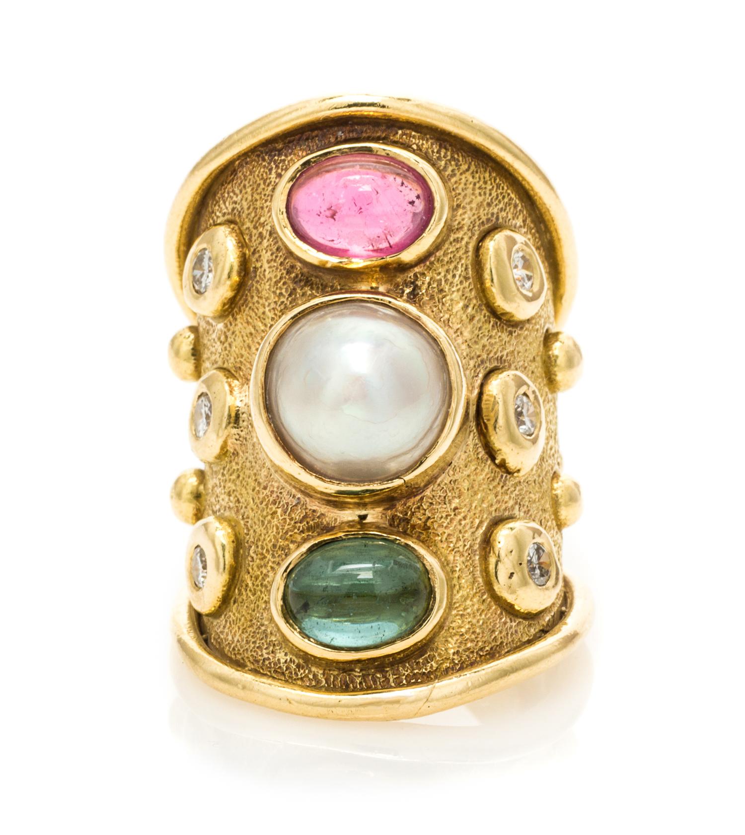 An 18 Karat Gold, Tourmaline, Diamond and Mabe Pearl Ring, Denise Roberge, 12.80 dwts.