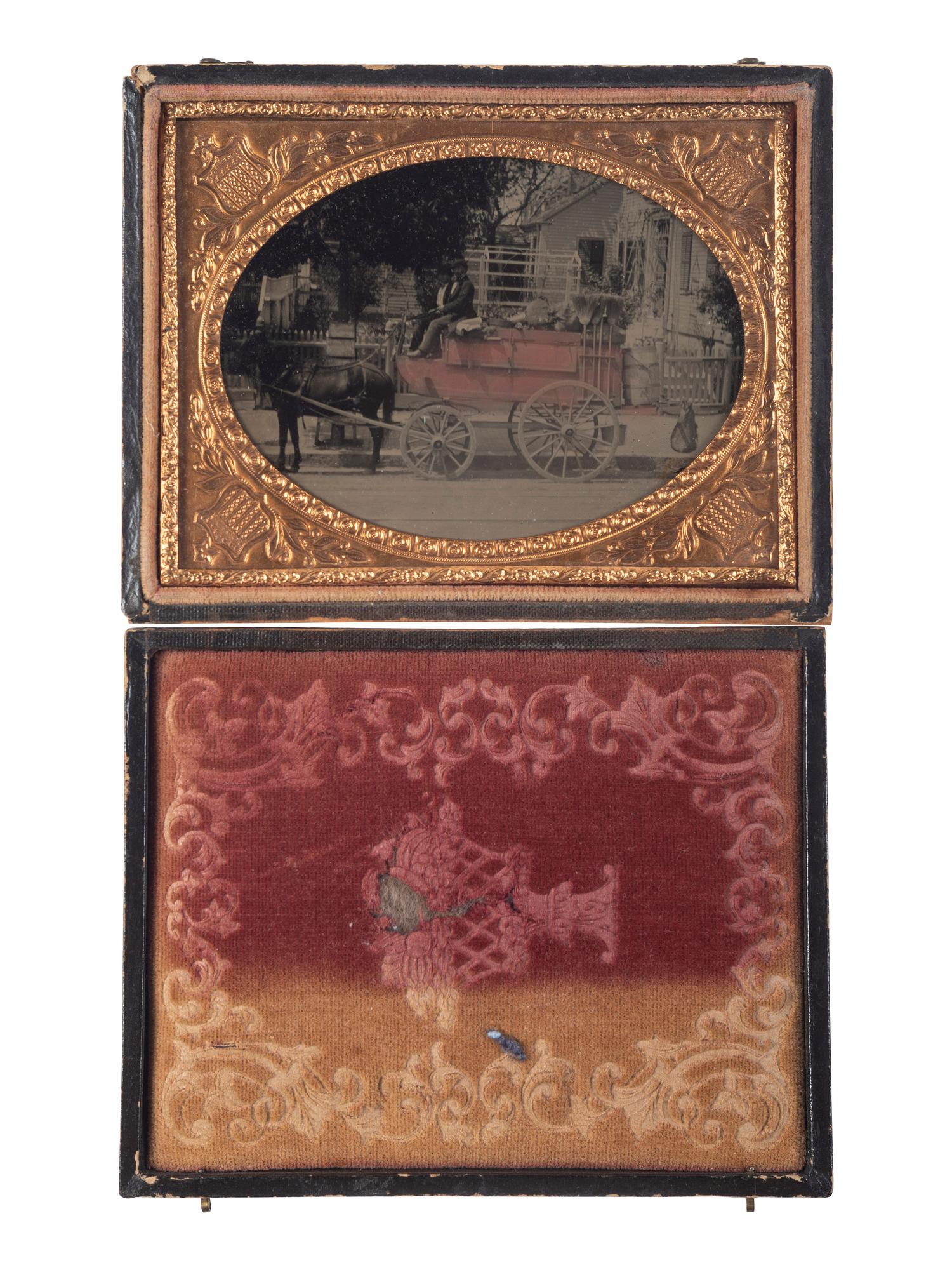[EARLY PHOTOGRAPHY]. Quarter plate ambrotype of salesman's wagon.