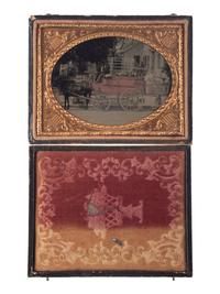 [EARLY PHOTOGRAPHY]. Quarter plate ambrotype of salesman's wagon.