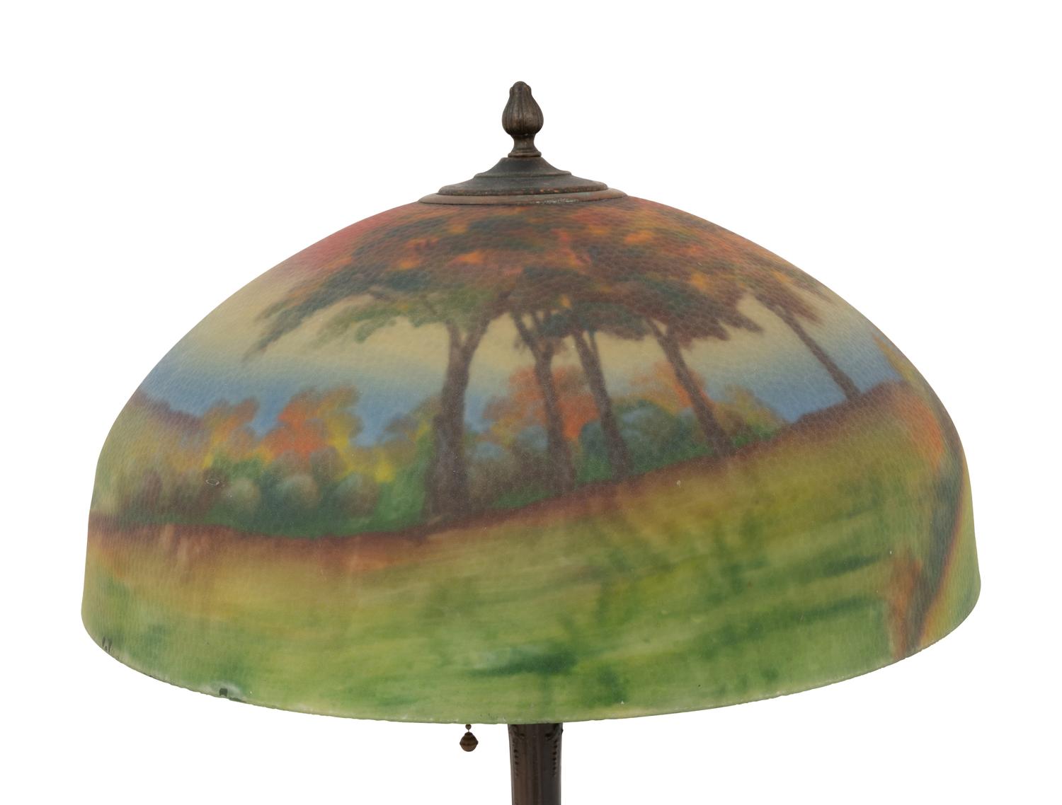 Reverse Painted Landscape Lamp Shade with Associated Base