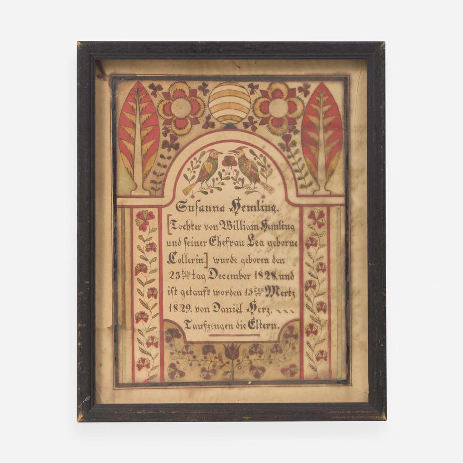 Samuel Bentz (1792-1850), Lancaster County, PA A Fraktur birth record for Susanna Hemling (Hamlin) (1828-1904)