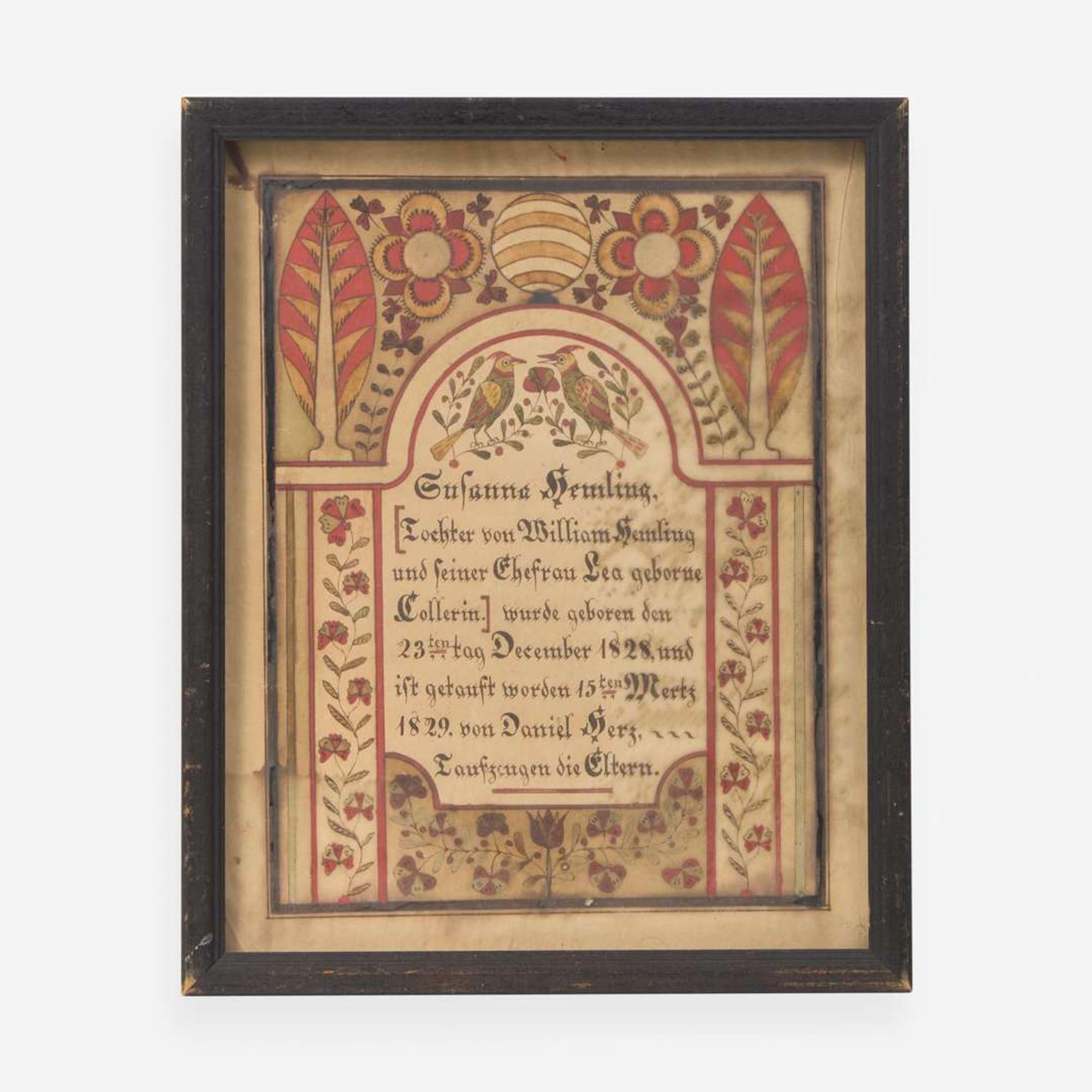 Samuel Bentz (1792-1850), Lancaster County, PA A Fraktur birth record for Susanna Hemling (Hamlin) (1828-1904)