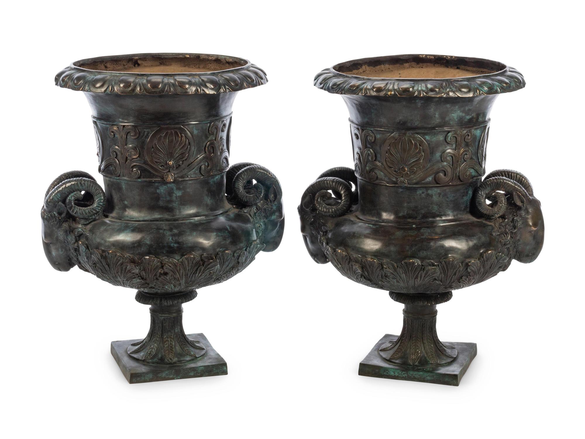 A Pair of Neoclassical Style Patinated Metal Urns