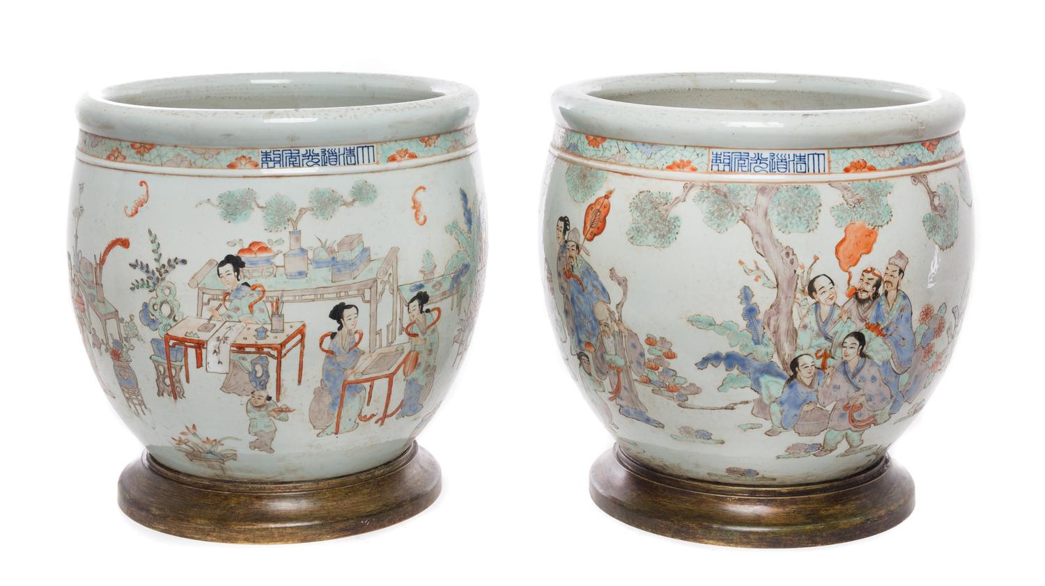 A Pair of Chinese Bronze Mounted Porcelain Jardinieres Height overall 13 3/4 inches. — 20TH CENTURY
