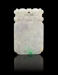 A Chinese Jadeite Plaque REPUBLIC PERIOD, EARLY 20TH CENTURY Height 2 5/8 x width 1 5/8 x thickness 1/4 inches. — REPUBLIC PERIOD, EARLY 20TH CENTURY