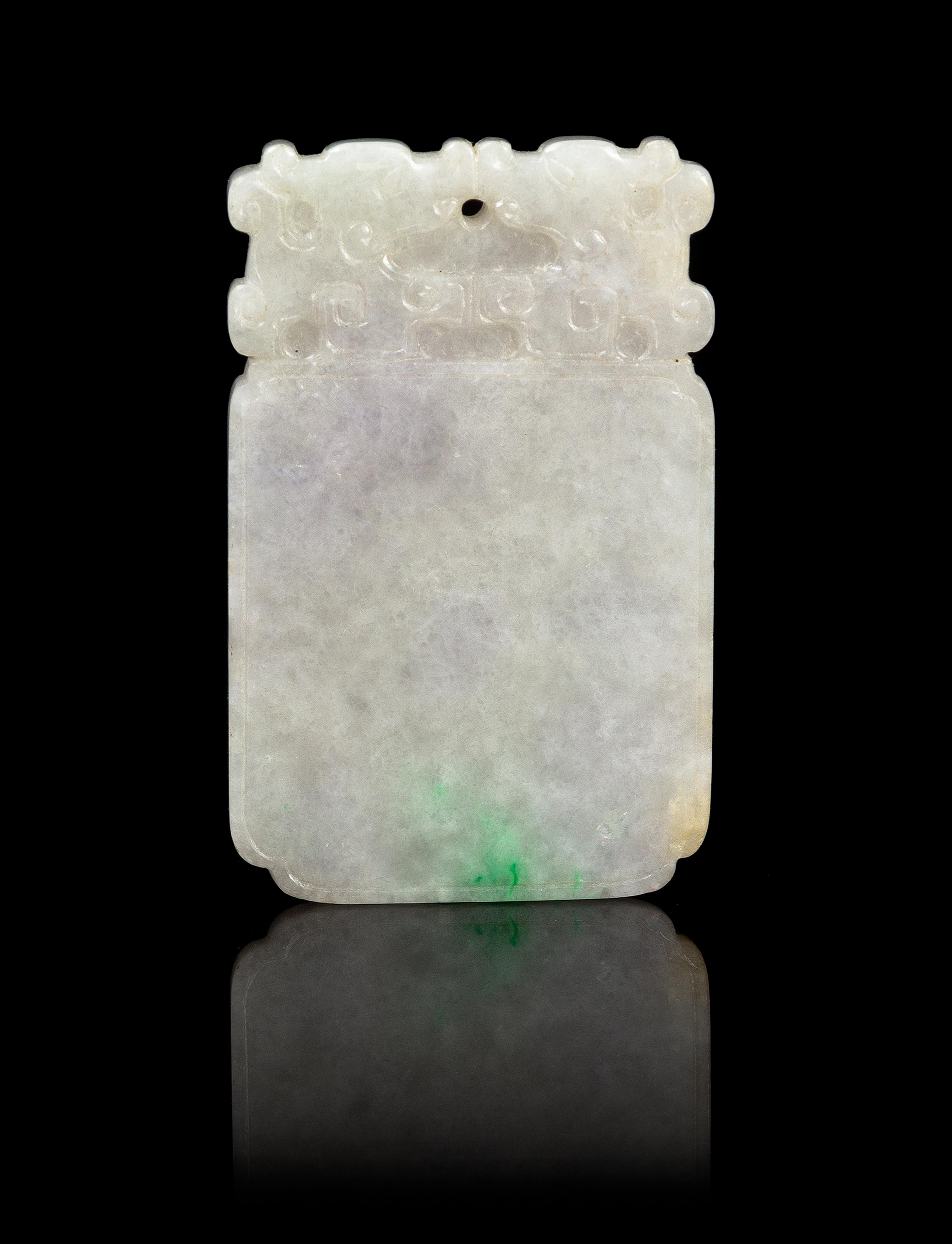 A Chinese Jadeite Plaque REPUBLIC PERIOD, EARLY 20TH CENTURY Height 2 5/8 x width 1 5/8 x thickness 1/4 inches. — REPUBLIC PERIOD, EARLY 20TH CENTURY