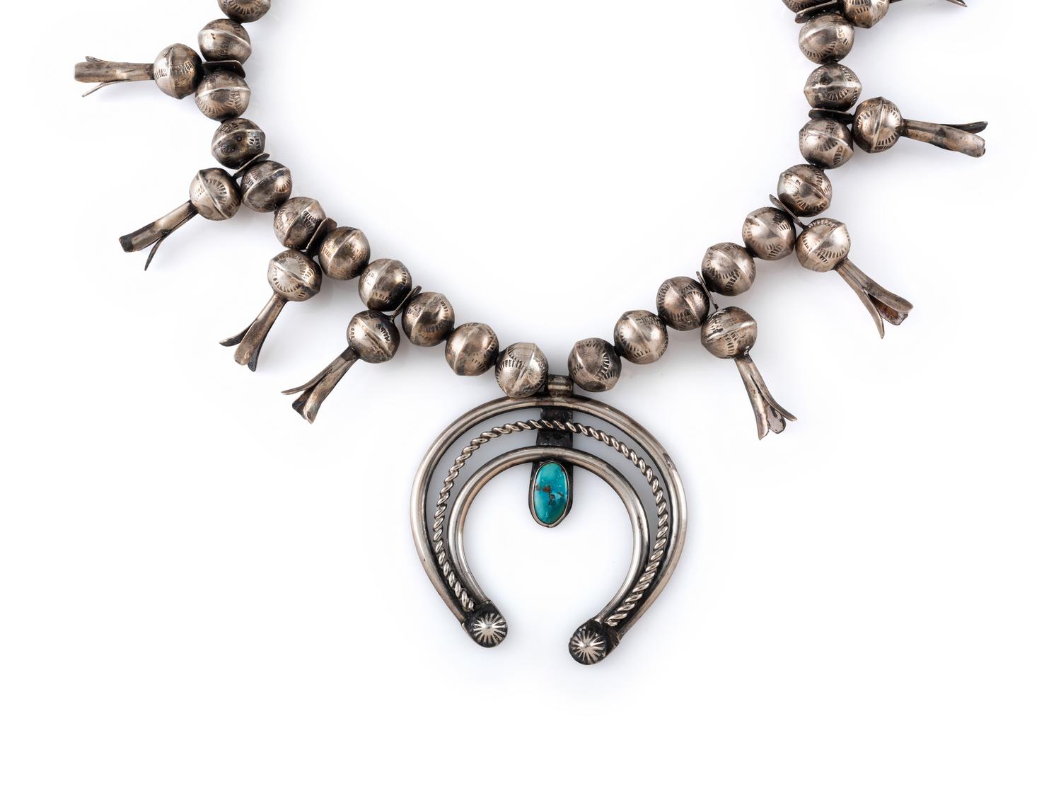 Navajo Silver and Turquoise Squash Blossom Necklace