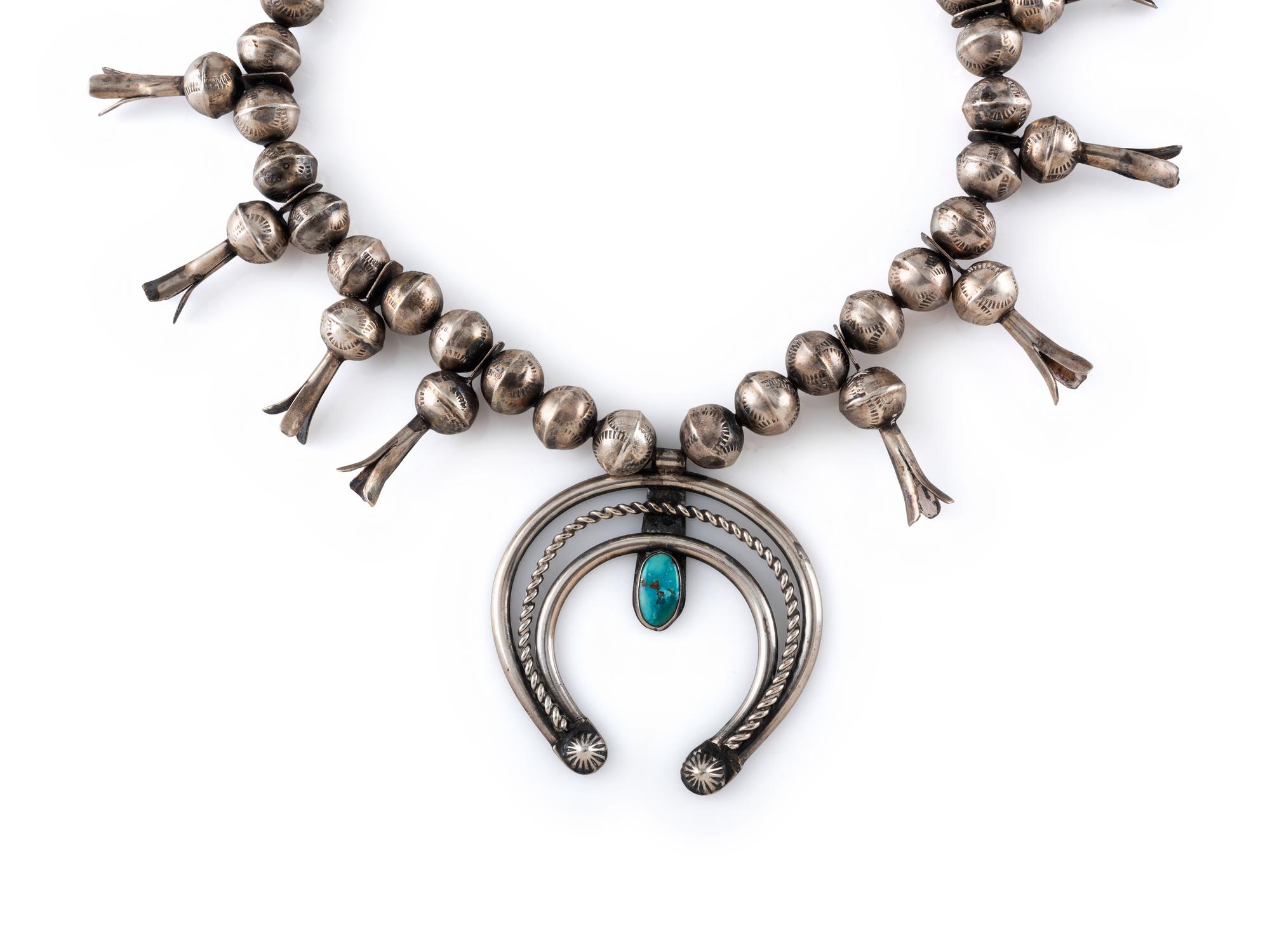Navajo Silver and Turquoise Squash Blossom Necklace